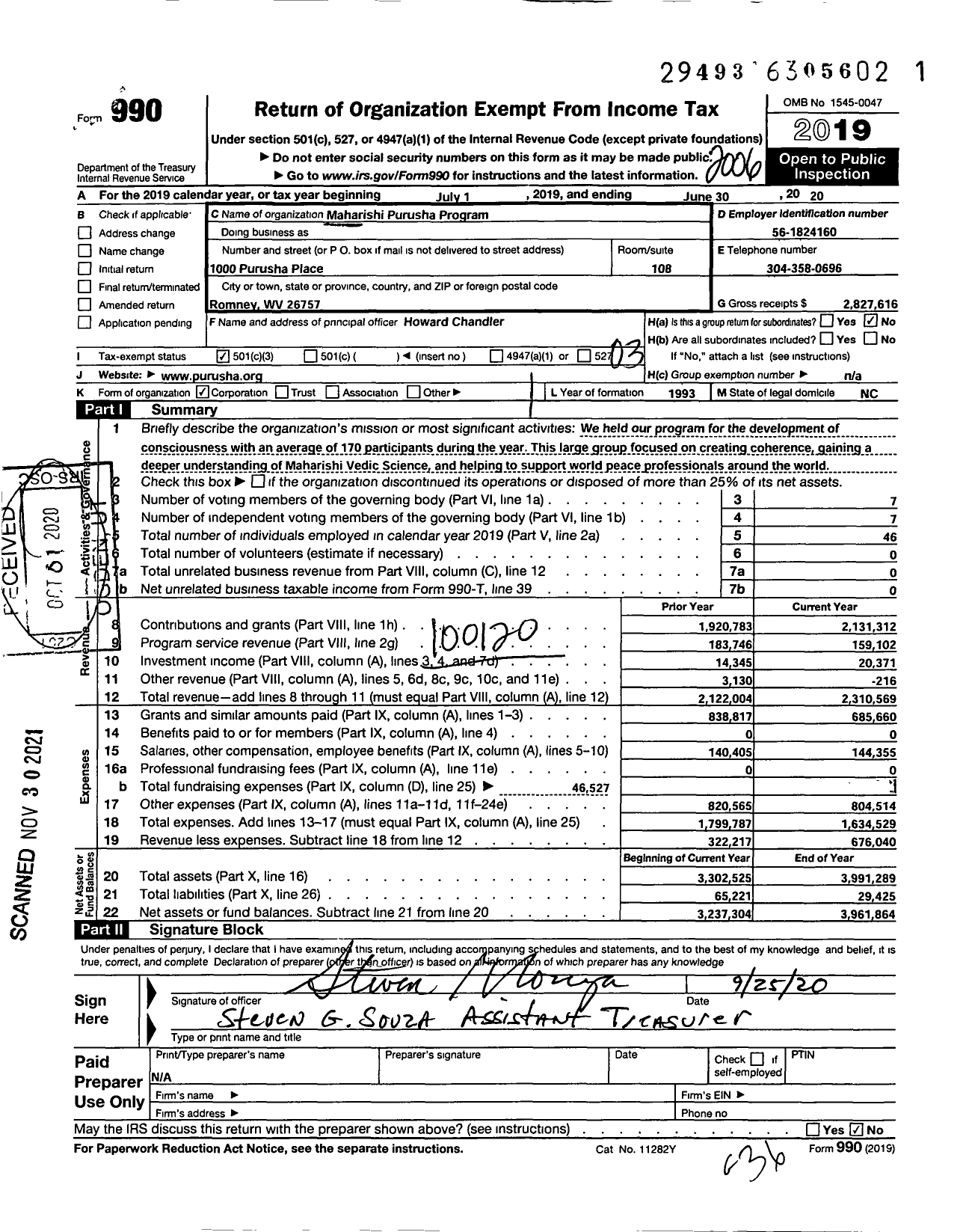 Image of first page of 2019 Form 990 for Maharishi Purusha Program