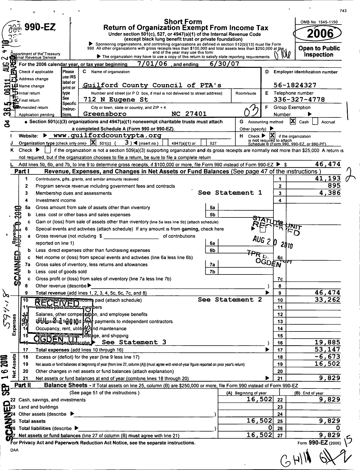 Image of first page of 2006 Form 990EZ for North Carolina PTA - Guilford County Council of Ptas