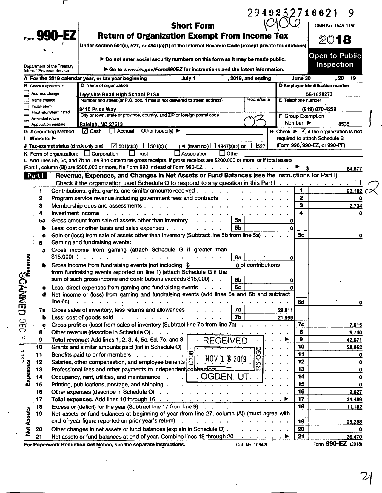 Image of first page of 2018 Form 990EZ for North Carolina PTA - Leesville Road High School Ptsa