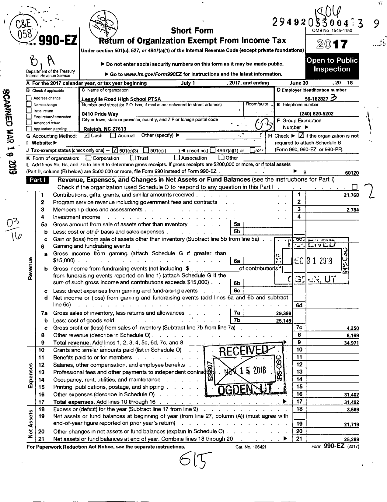 Image of first page of 2017 Form 990EZ for North Carolina PTA - Leesville Road High School Ptsa