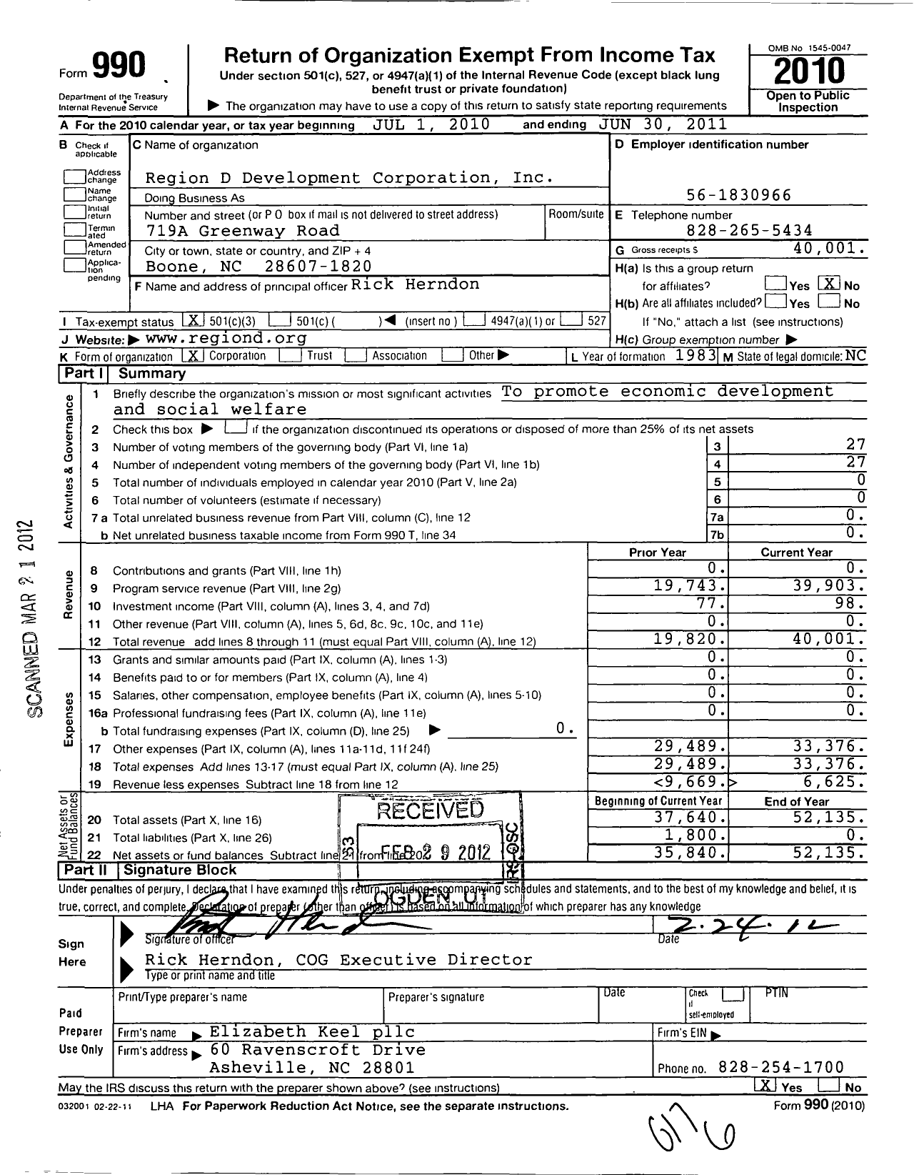 Image of first page of 2010 Form 990 for Region D Development Corporation