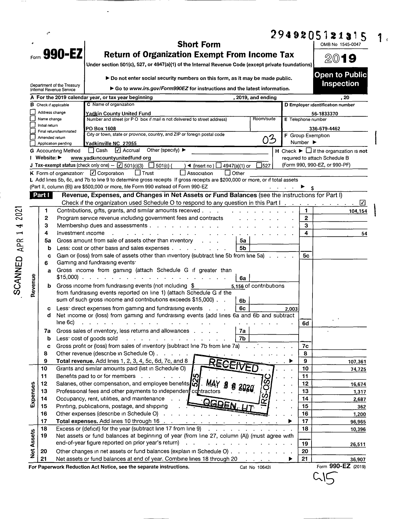 Image of first page of 2019 Form 990EZ for Yadkin County United Fund