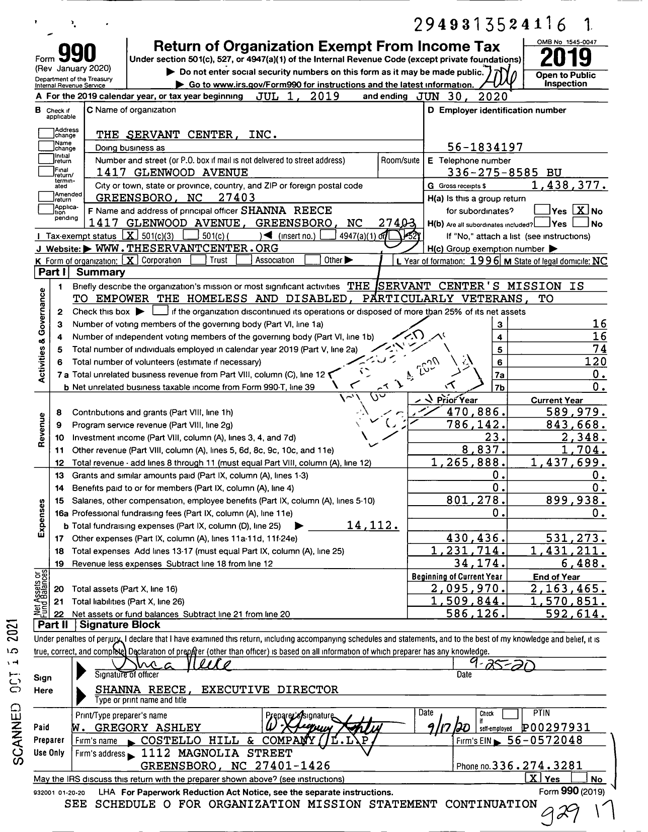 Image of first page of 2019 Form 990 for The Servant Center