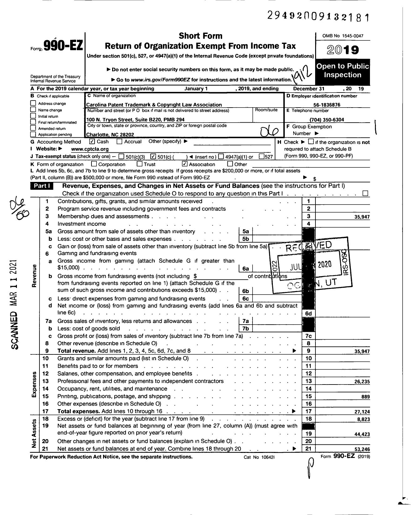 Image of first page of 2019 Form 990EO for CAROLiNA PATENT TRADEMARK AND COPYRIGHT LAW ASSOCIATION