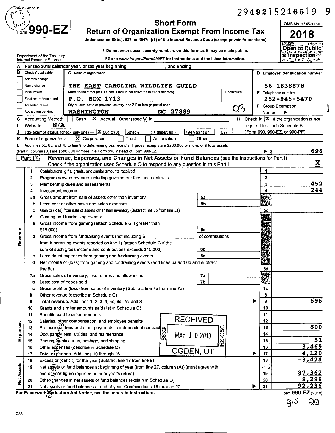 Image of first page of 2018 Form 990EZ for The East Carolina Wildlife Guild