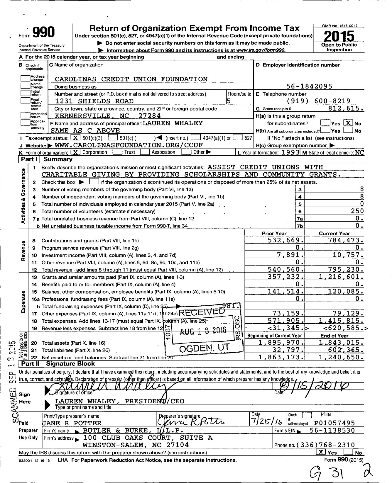 Image of first page of 2015 Form 990 for Carolinas Credit Union Foundation