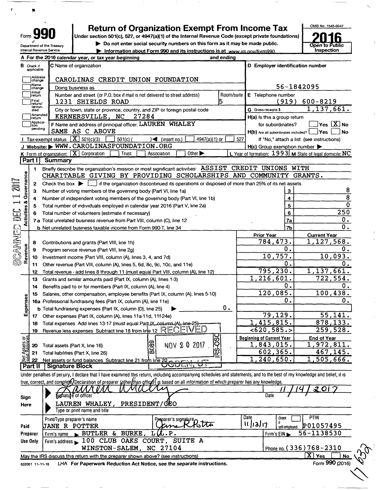 Image of first page of 2016 Form 990 for Carolinas Credit Union Foundation
