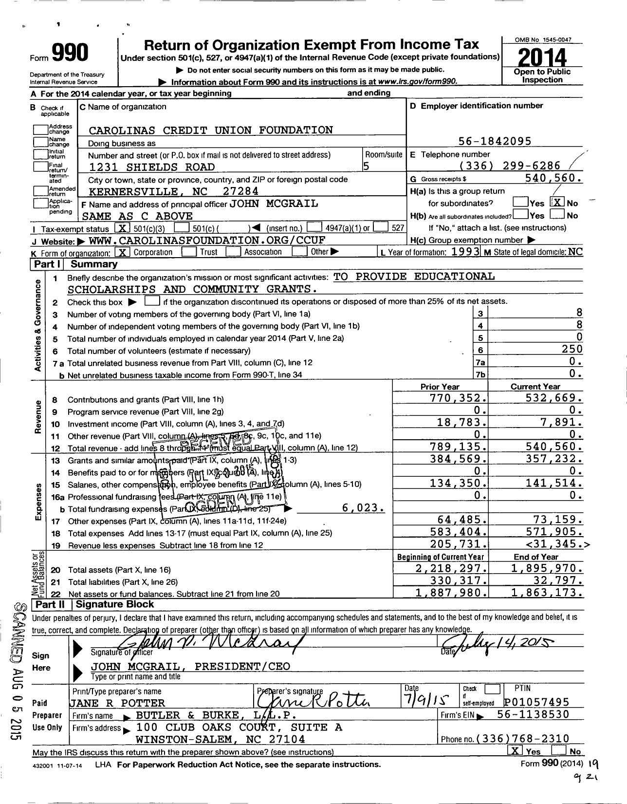 Image of first page of 2014 Form 990 for Carolinas Credit Union Foundation