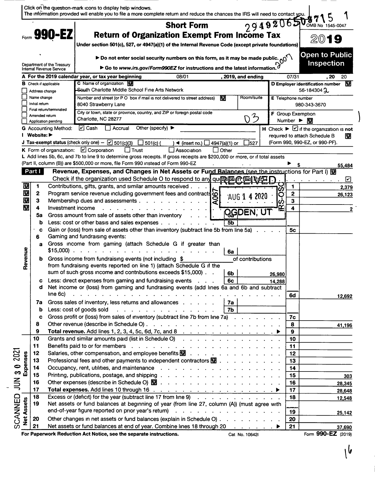 Image of first page of 2019 Form 990EZ for South Charlotte Middle School Fine Arts Network