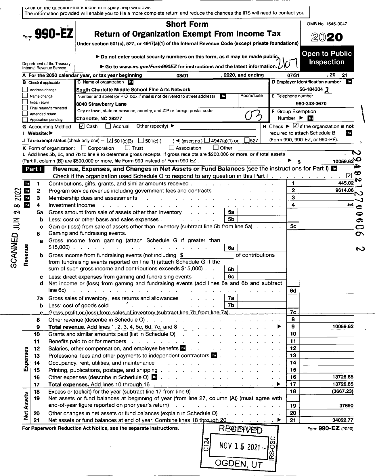 Image of first page of 2020 Form 990EZ for South Charlotte Middle School Fine Arts Network