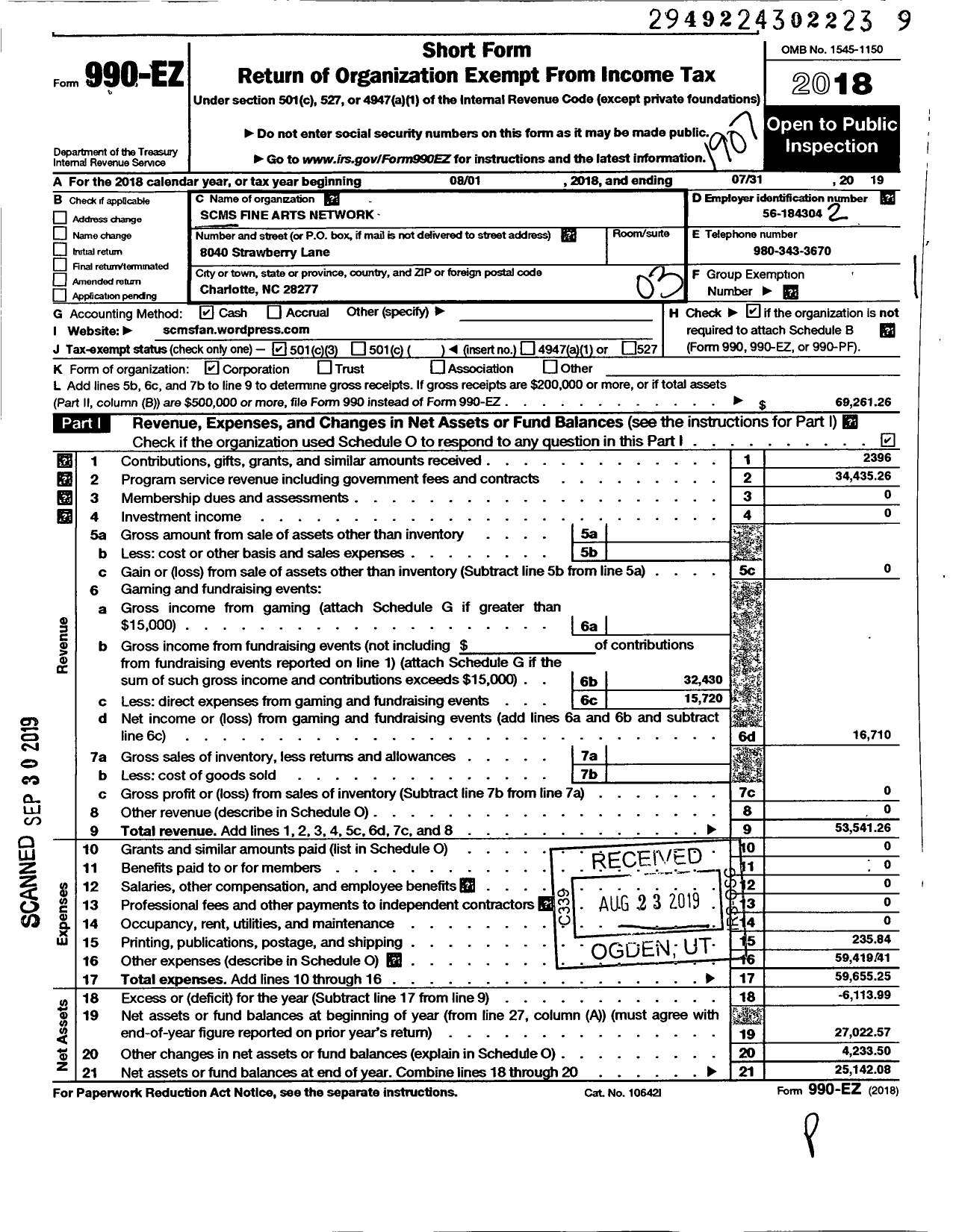 Image of first page of 2018 Form 990EZ for South Charlotte Middle School Fine Arts Network