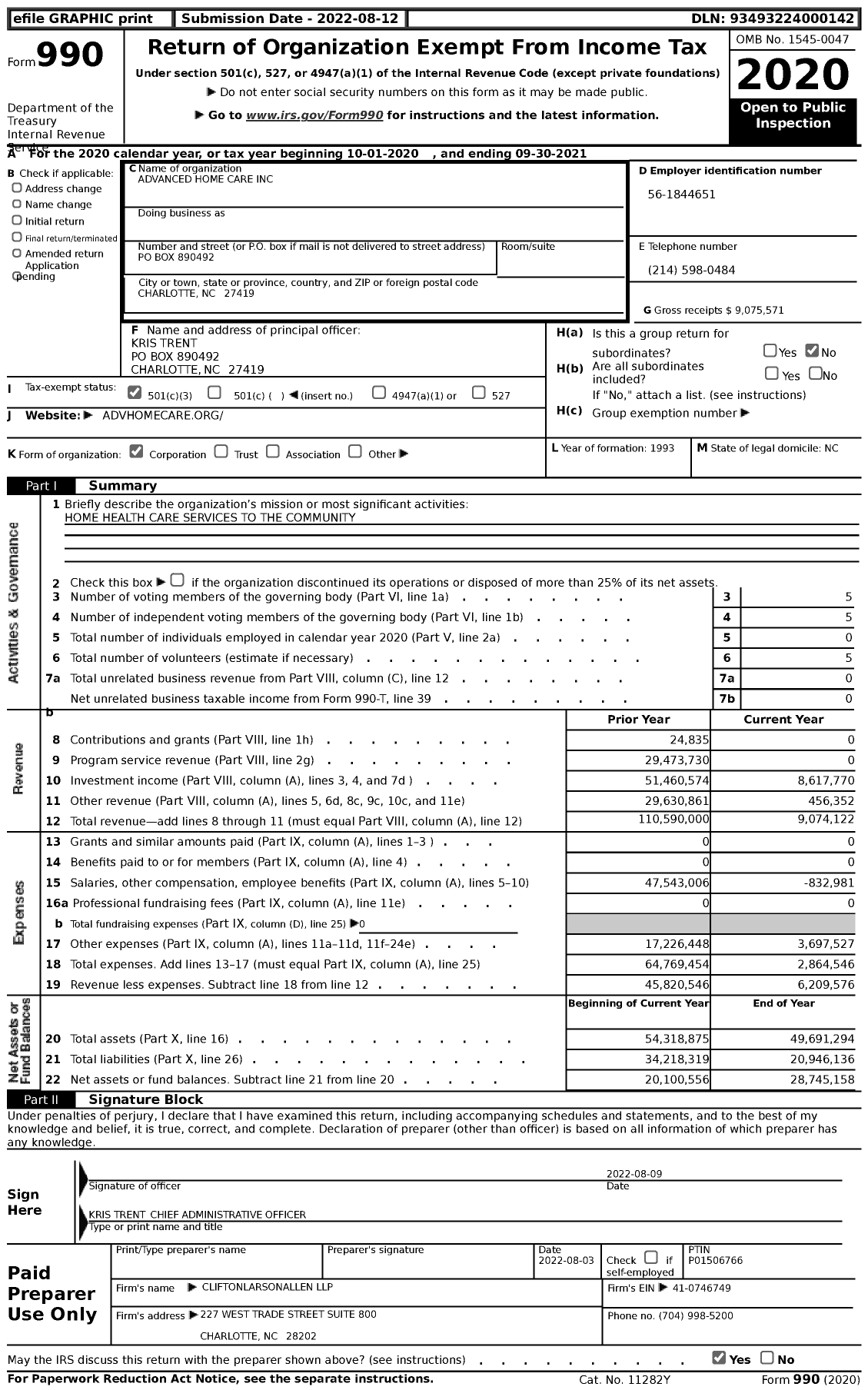 Image of first page of 2020 Form 990 for Advanced Home Care