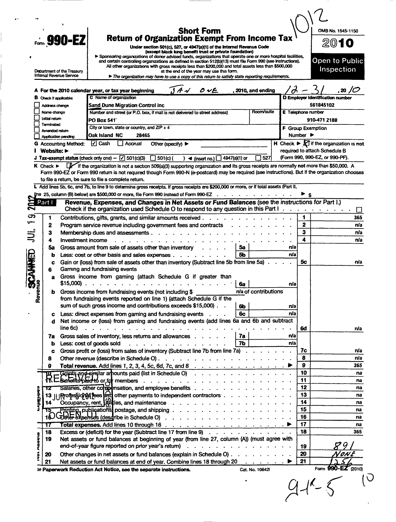 Image of first page of 2010 Form 990EZ for Sand Dune Migration Control