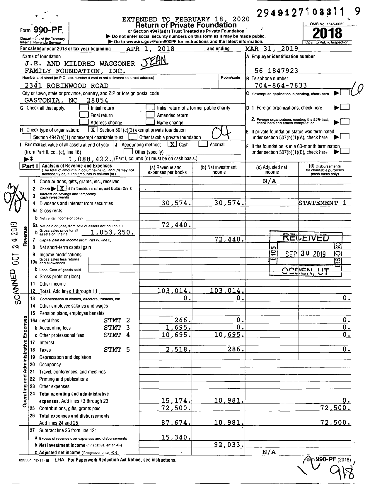 Image of first page of 2018 Form 990PF for Je and Mildred Waggoner Family Foundation