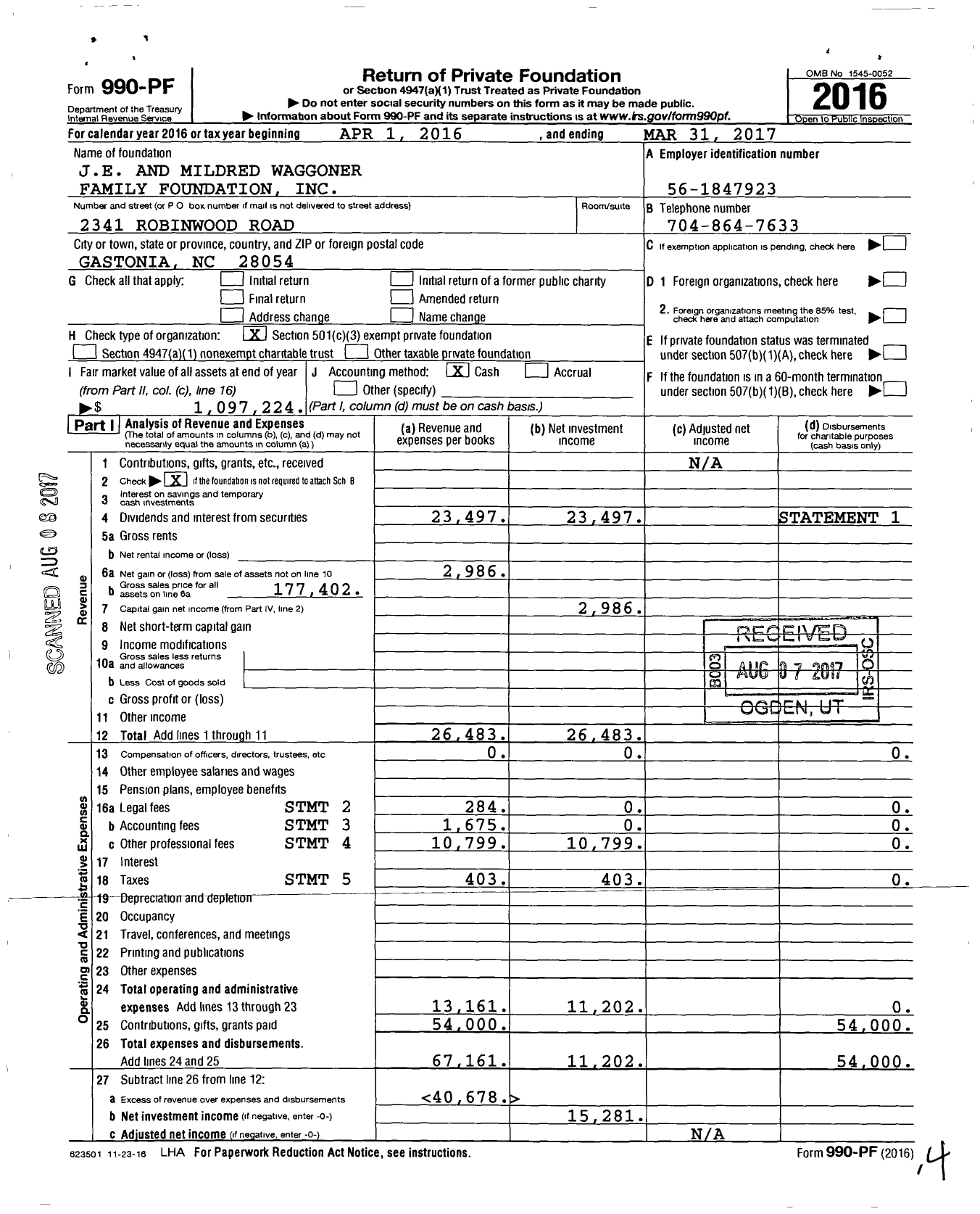 Image of first page of 2016 Form 990PF for Je and Mildred Waggoner Family Foundation