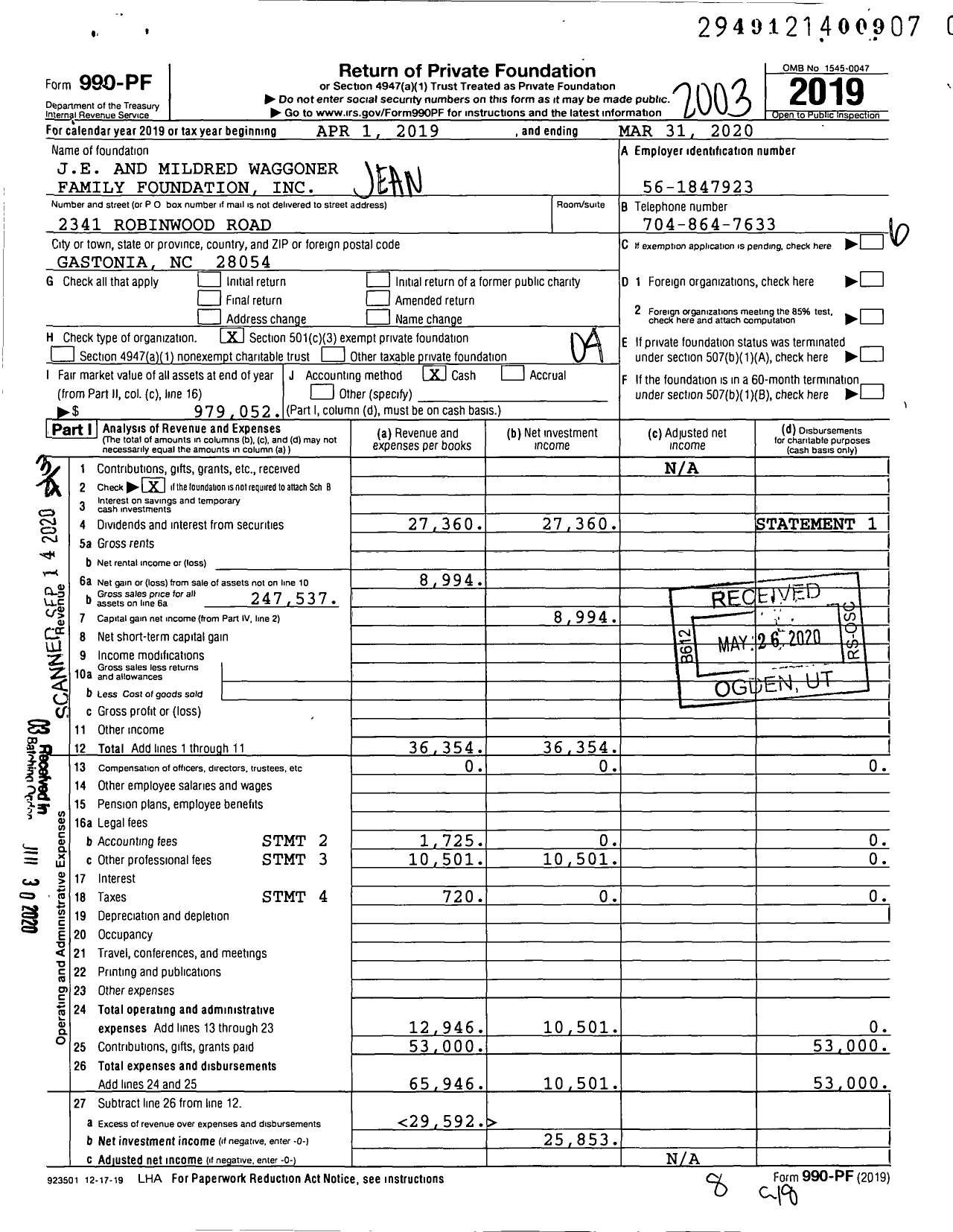 Image of first page of 2019 Form 990PR for Je and Mildred Waggoner Family Foundation