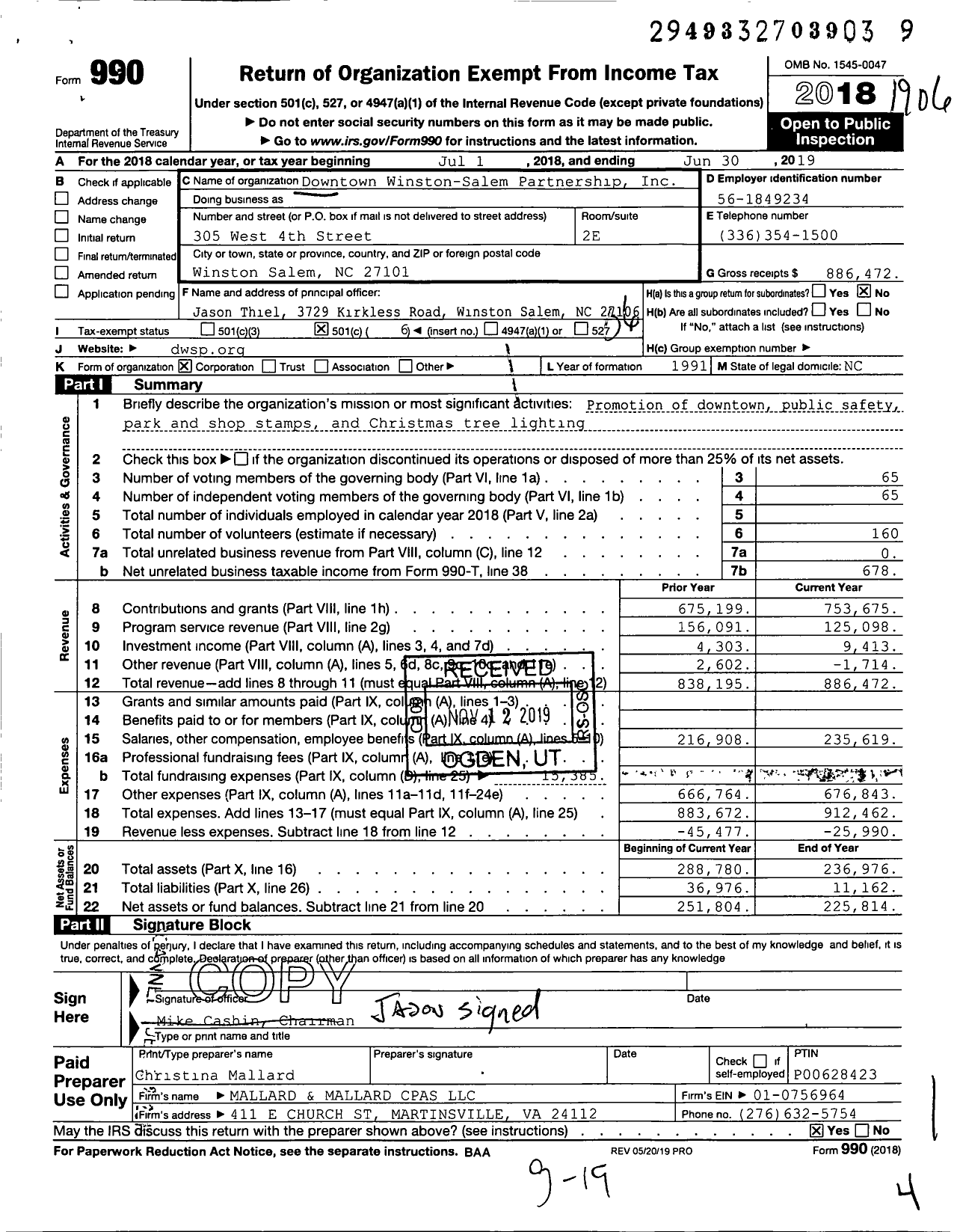 Image of first page of 2018 Form 990O for Downtown Winston-Salem Partnership