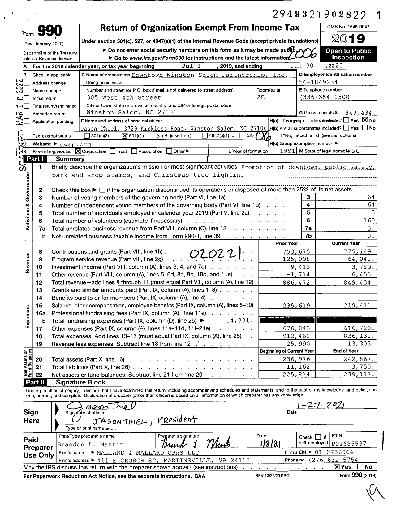 Image of first page of 2019 Form 990O for Downtown Winston-Salem Partnership