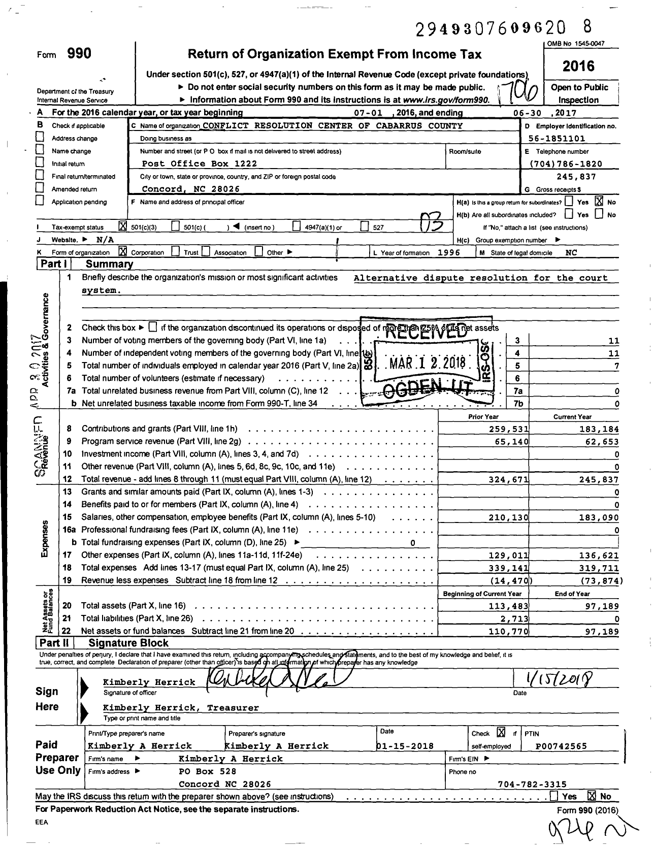 Image of first page of 2016 Form 990 for Conflict Resolution Center of Cabarrus County