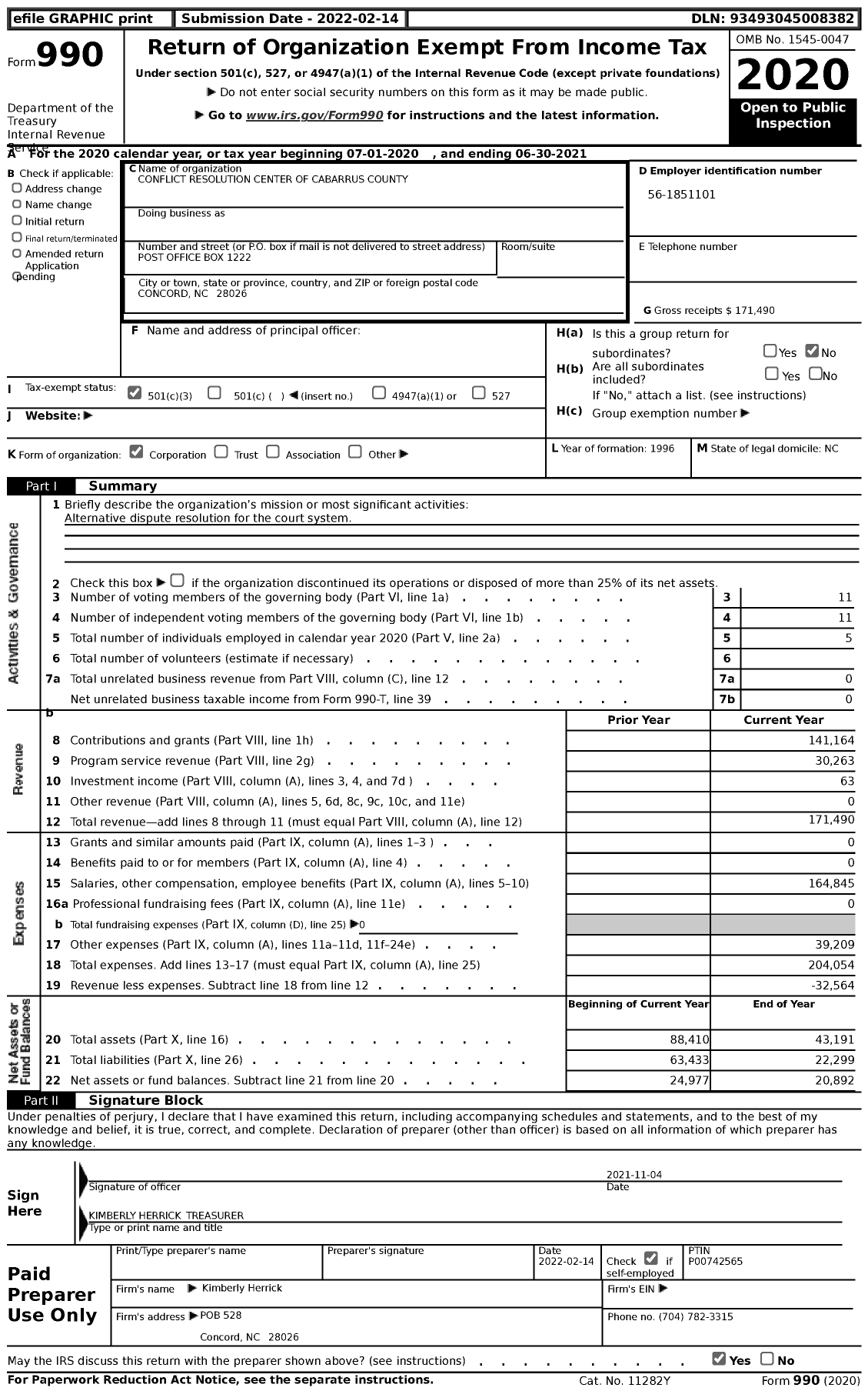 Image of first page of 2020 Form 990 for Conflict Resolution Center of Cabarrus County