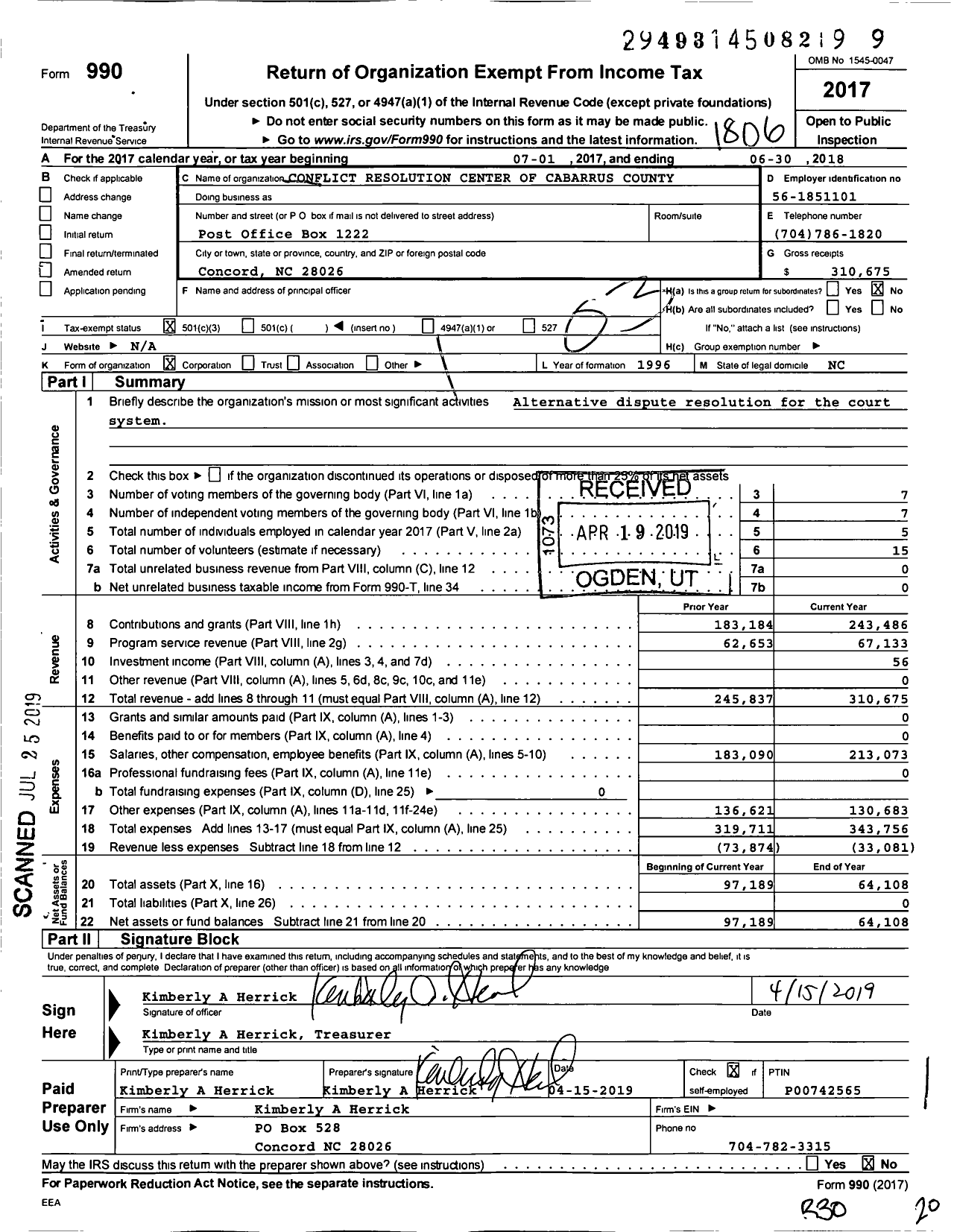 Image of first page of 2017 Form 990 for Conflict Resolution Center of Cabarrus County