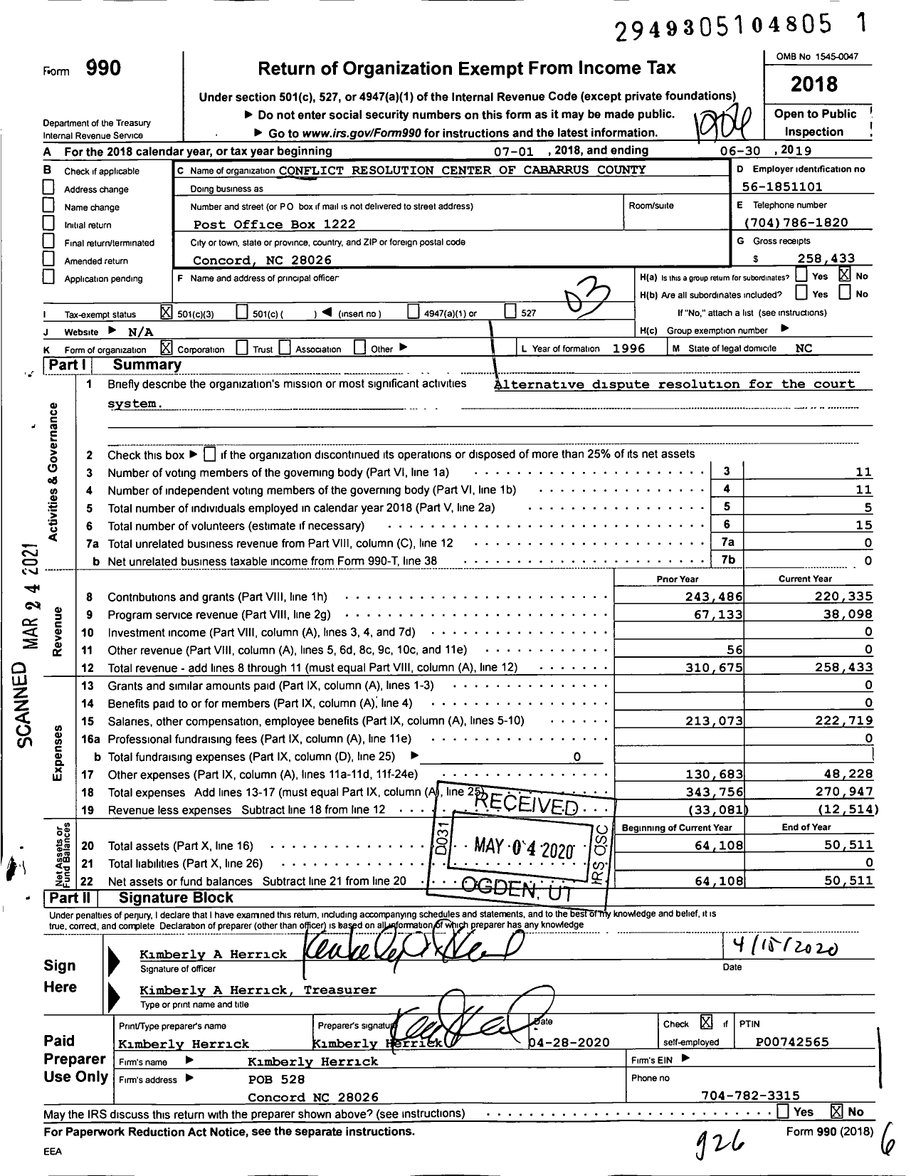 Image of first page of 2018 Form 990 for Conflict Resolution Center of Cabarrus County