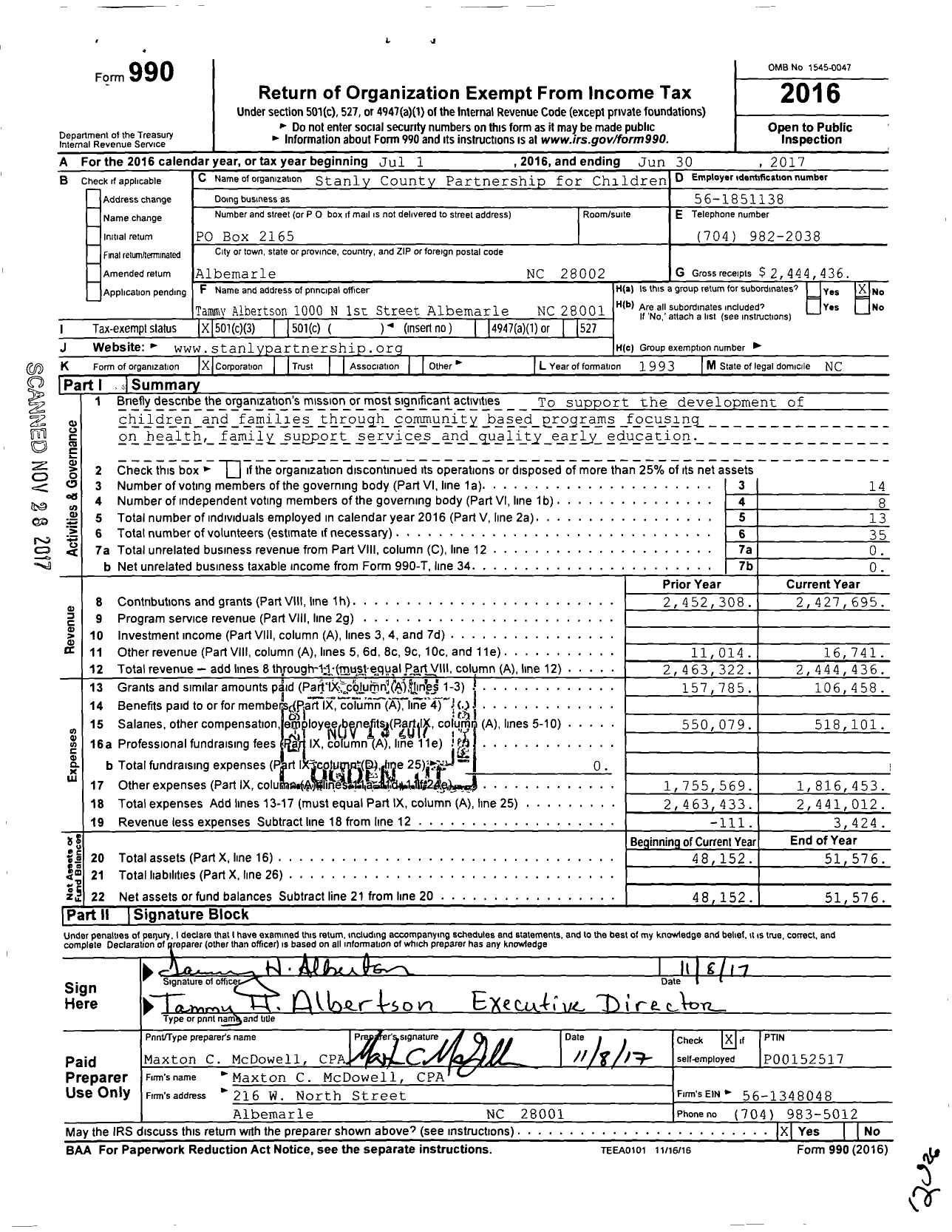 Image of first page of 2016 Form 990 for Stanly County Partnership for Children