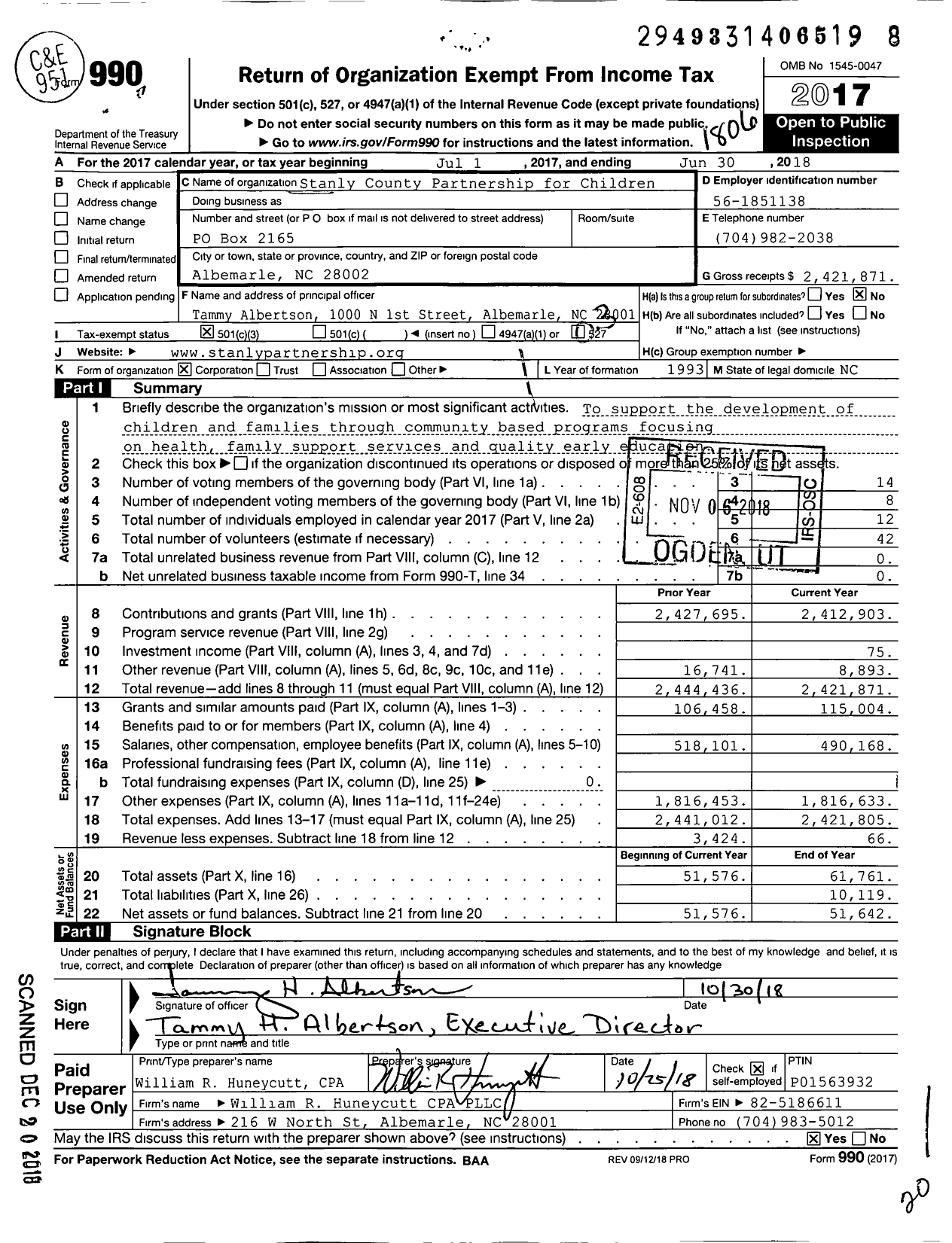 Image of first page of 2017 Form 990 for Stanly County Partnership for Children