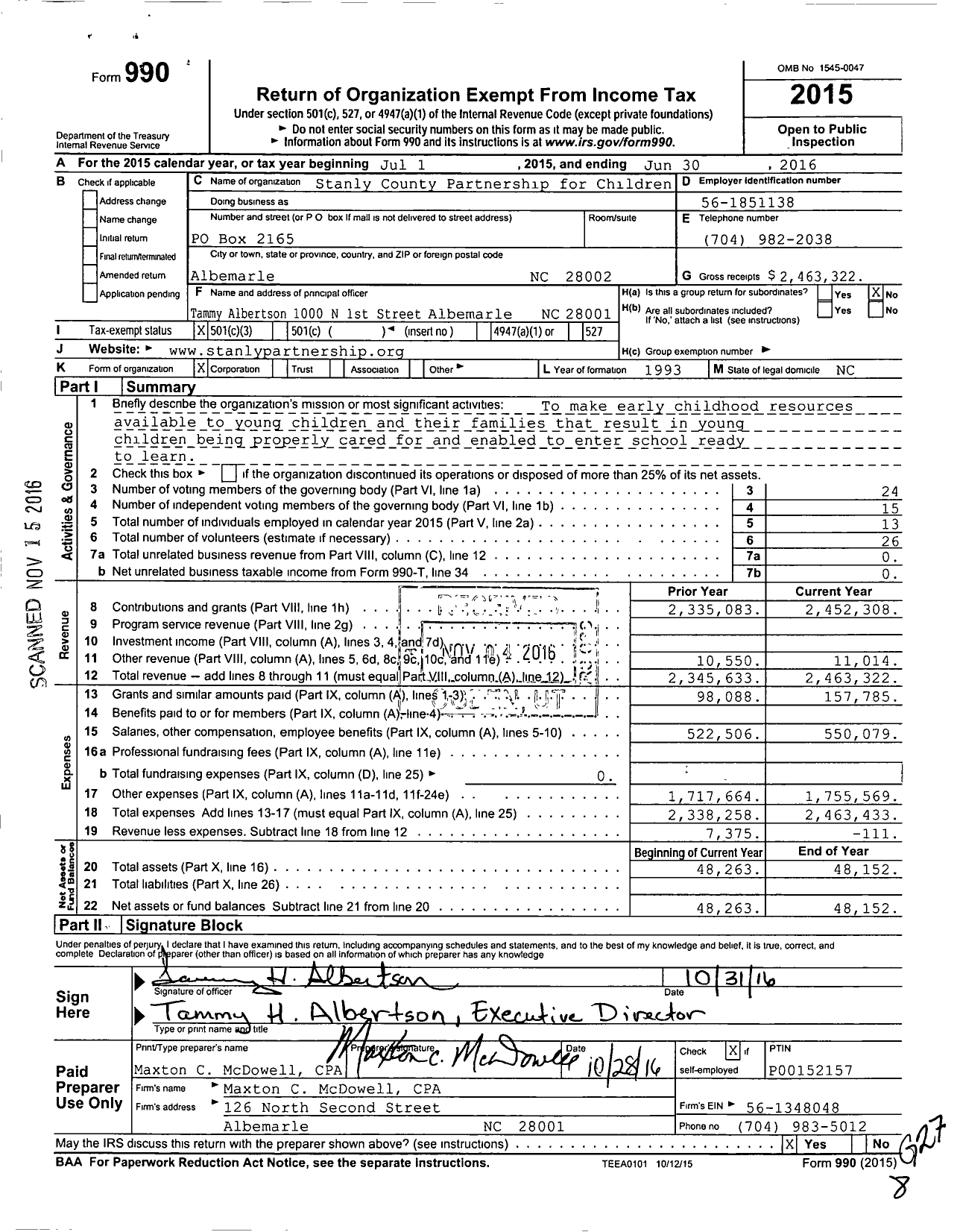 Image of first page of 2015 Form 990 for Stanly County Partnership for Children