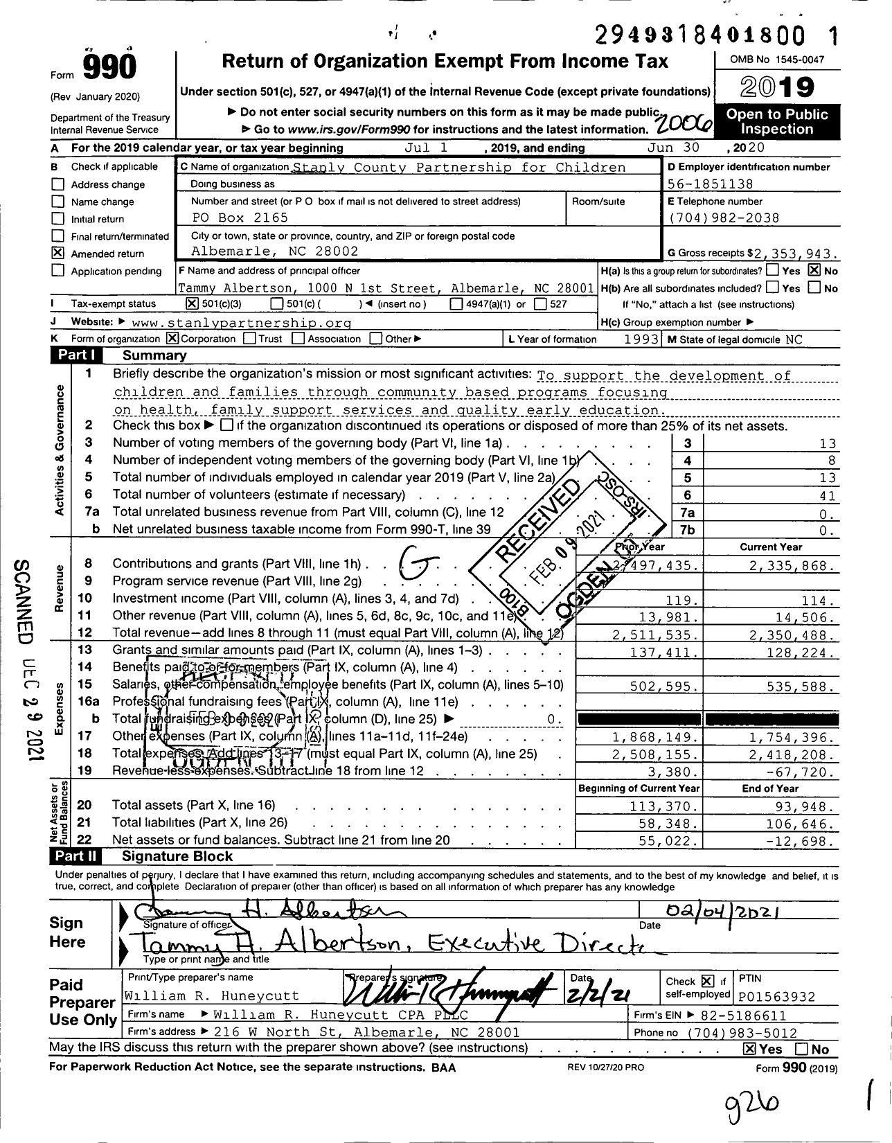 Image of first page of 2019 Form 990 for Stanly County Partnership for Children