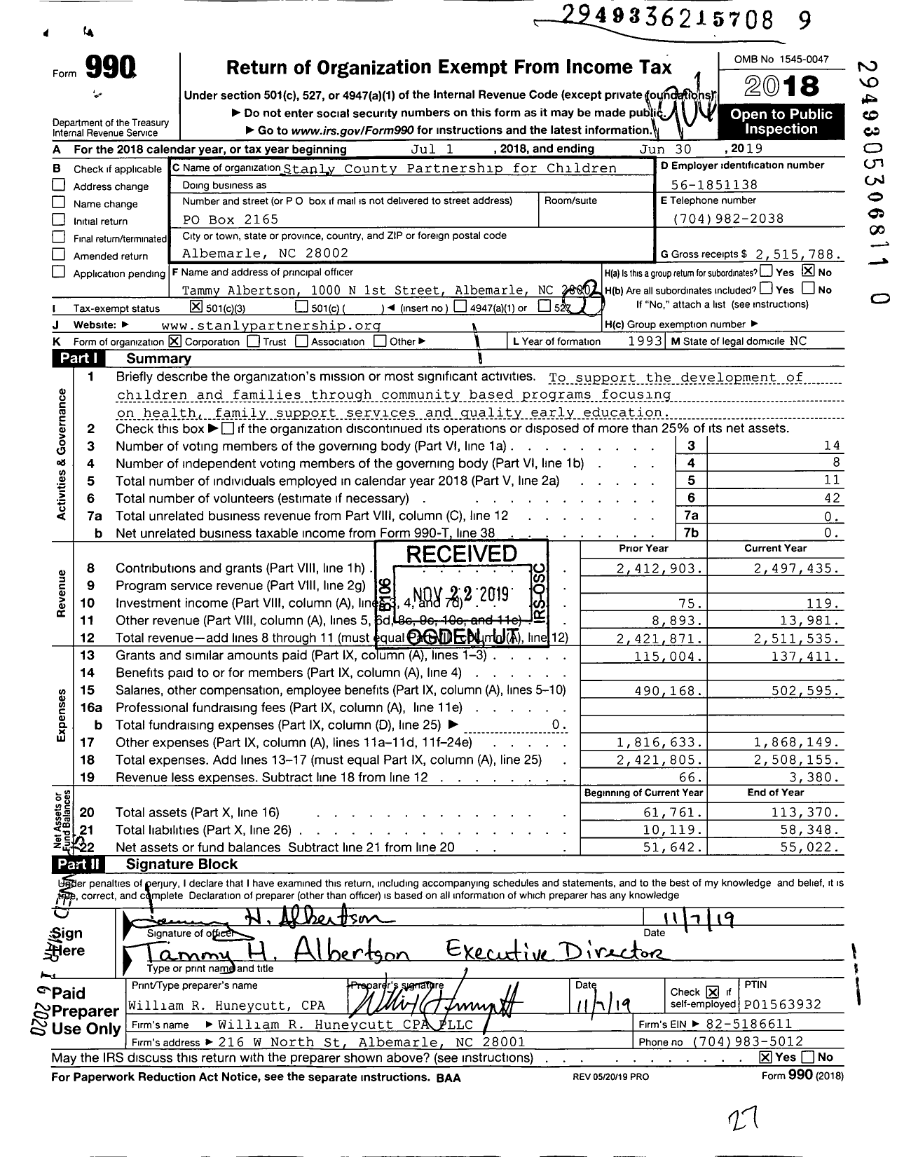 Image of first page of 2018 Form 990 for Stanly County Partnership for Children