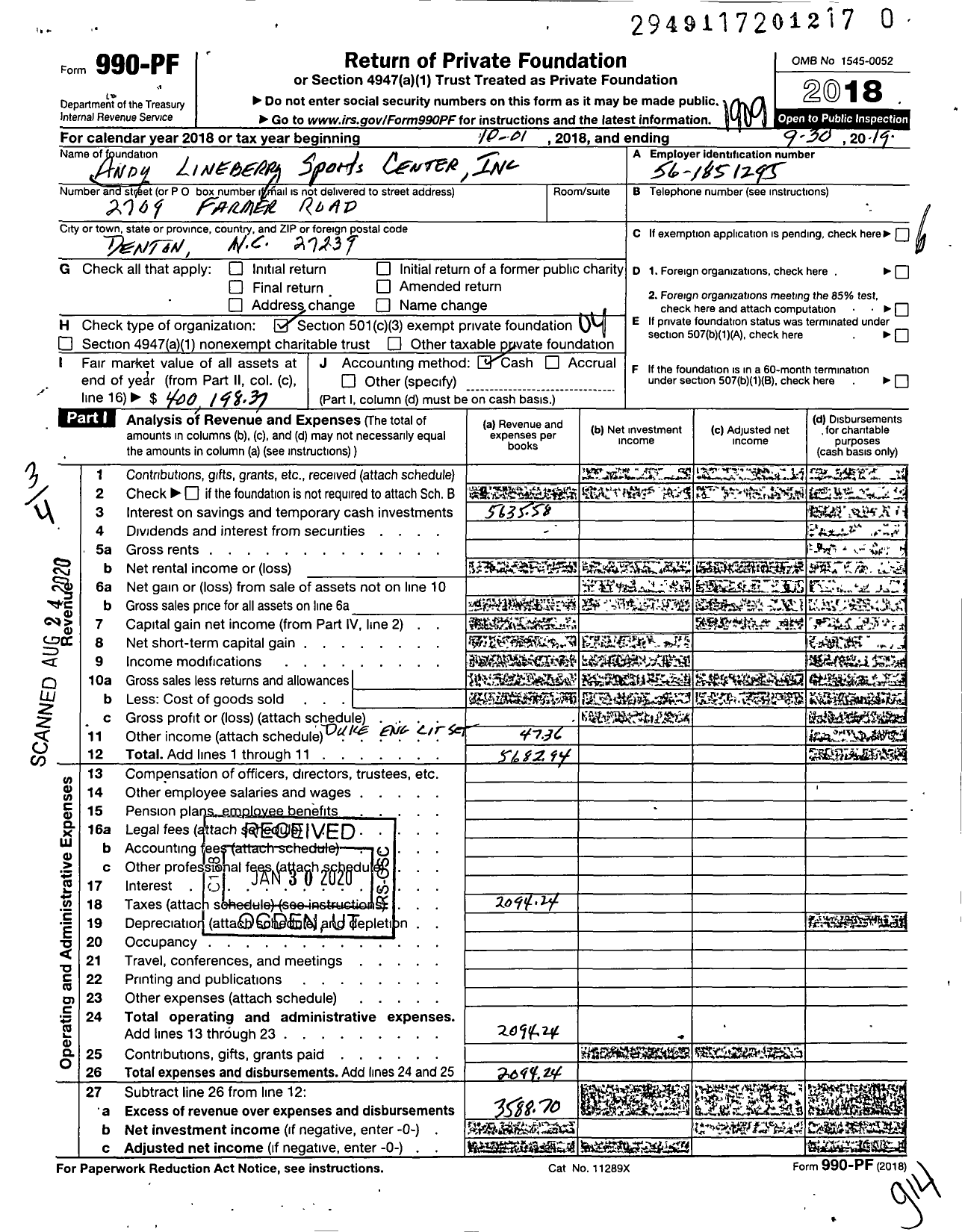 Image of first page of 2018 Form 990PR for Andy Lineberry Sports Center