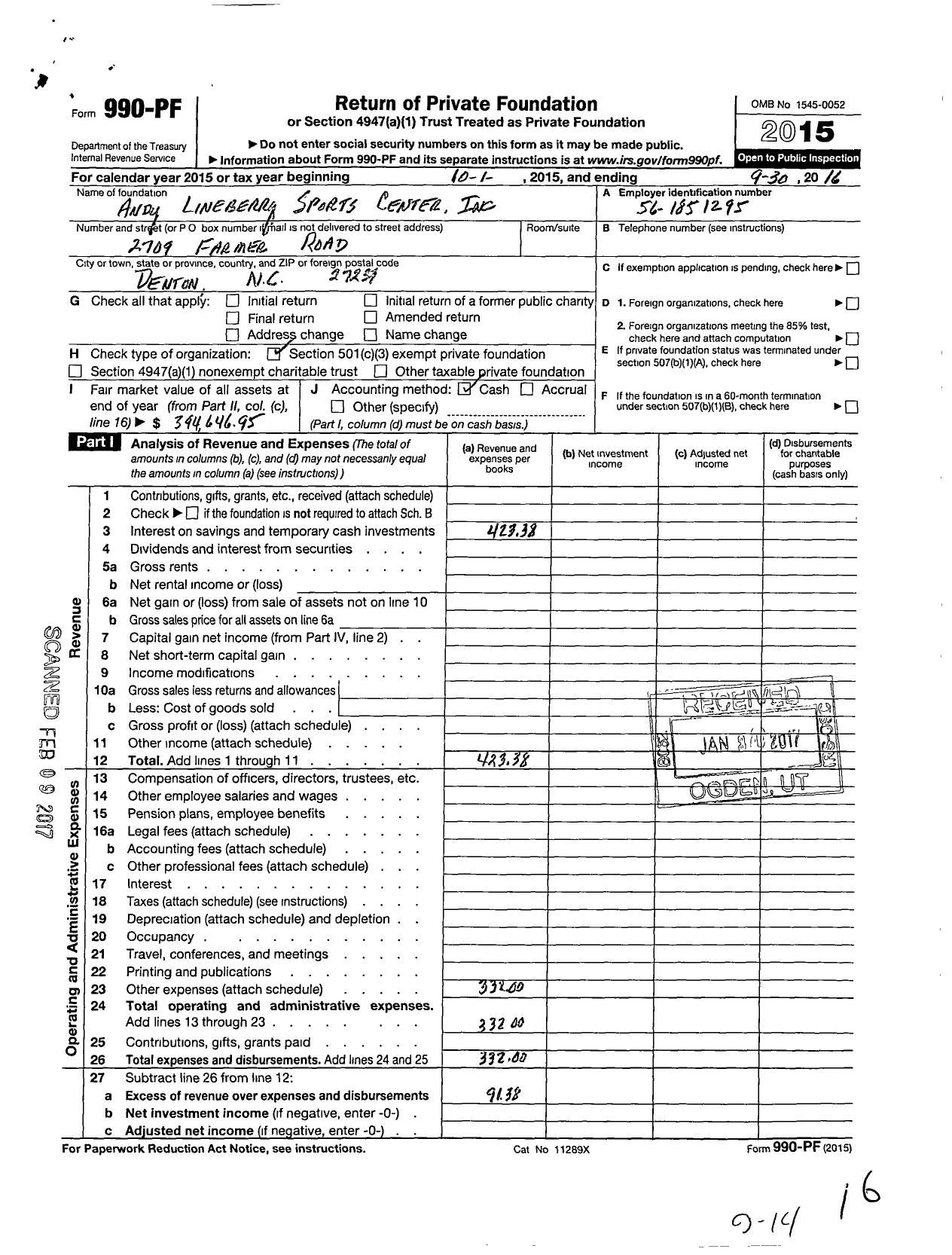 Image of first page of 2015 Form 990PF for Andy Lineberry Sports Center