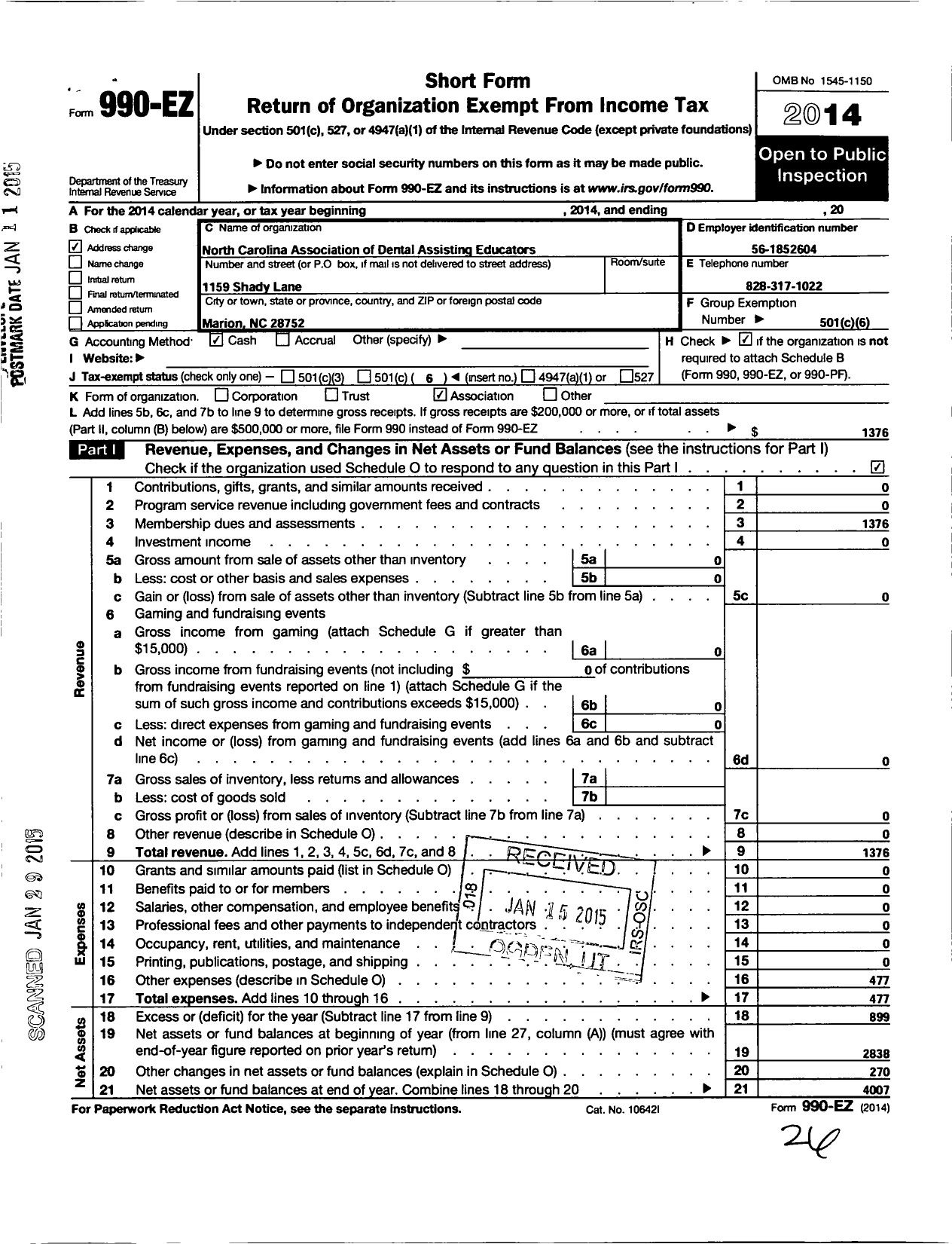 Image of first page of 2014 Form 990EO for North Carolina Association of Dental Assisting Educators