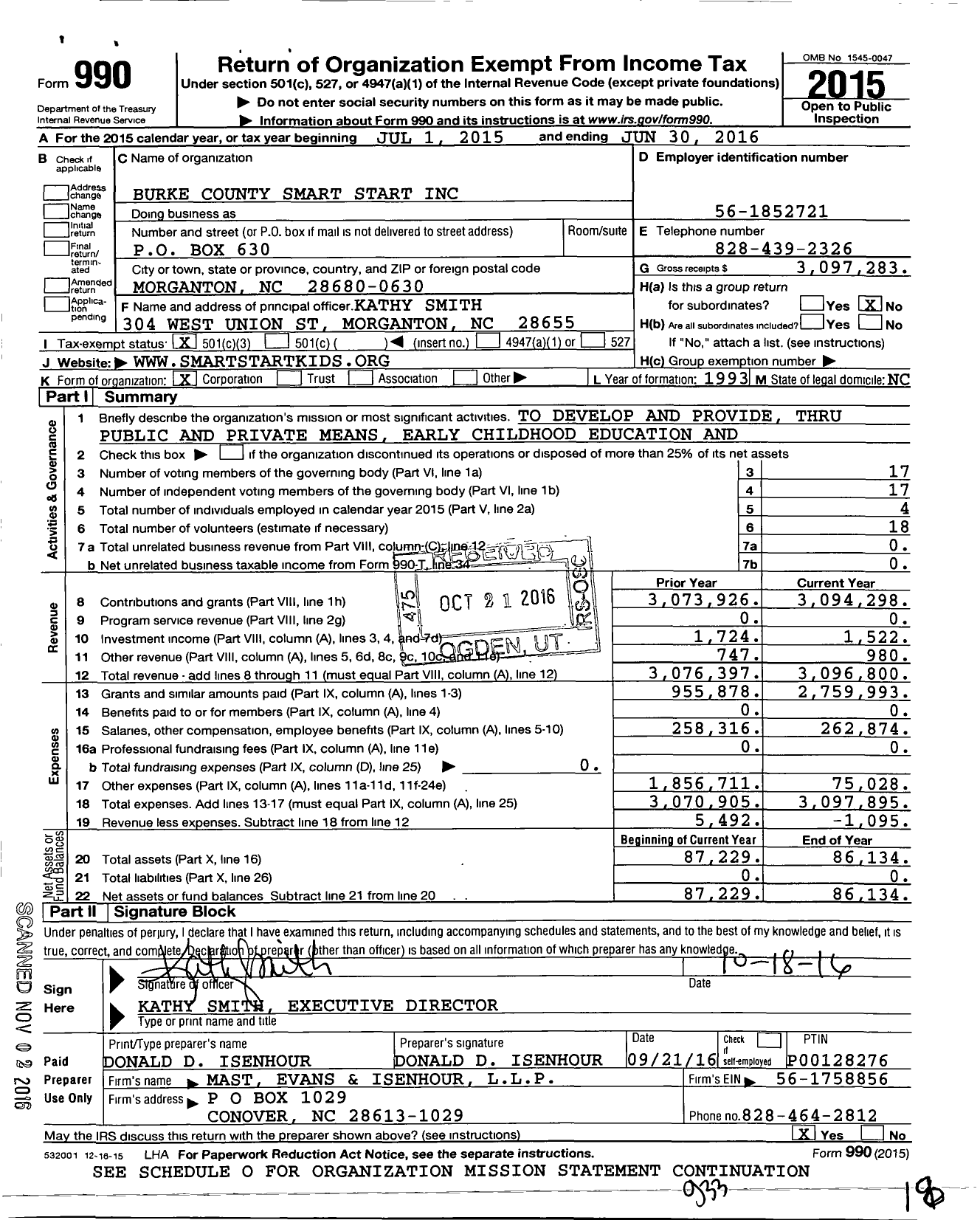 Image of first page of 2015 Form 990 for Burke County Smart Start