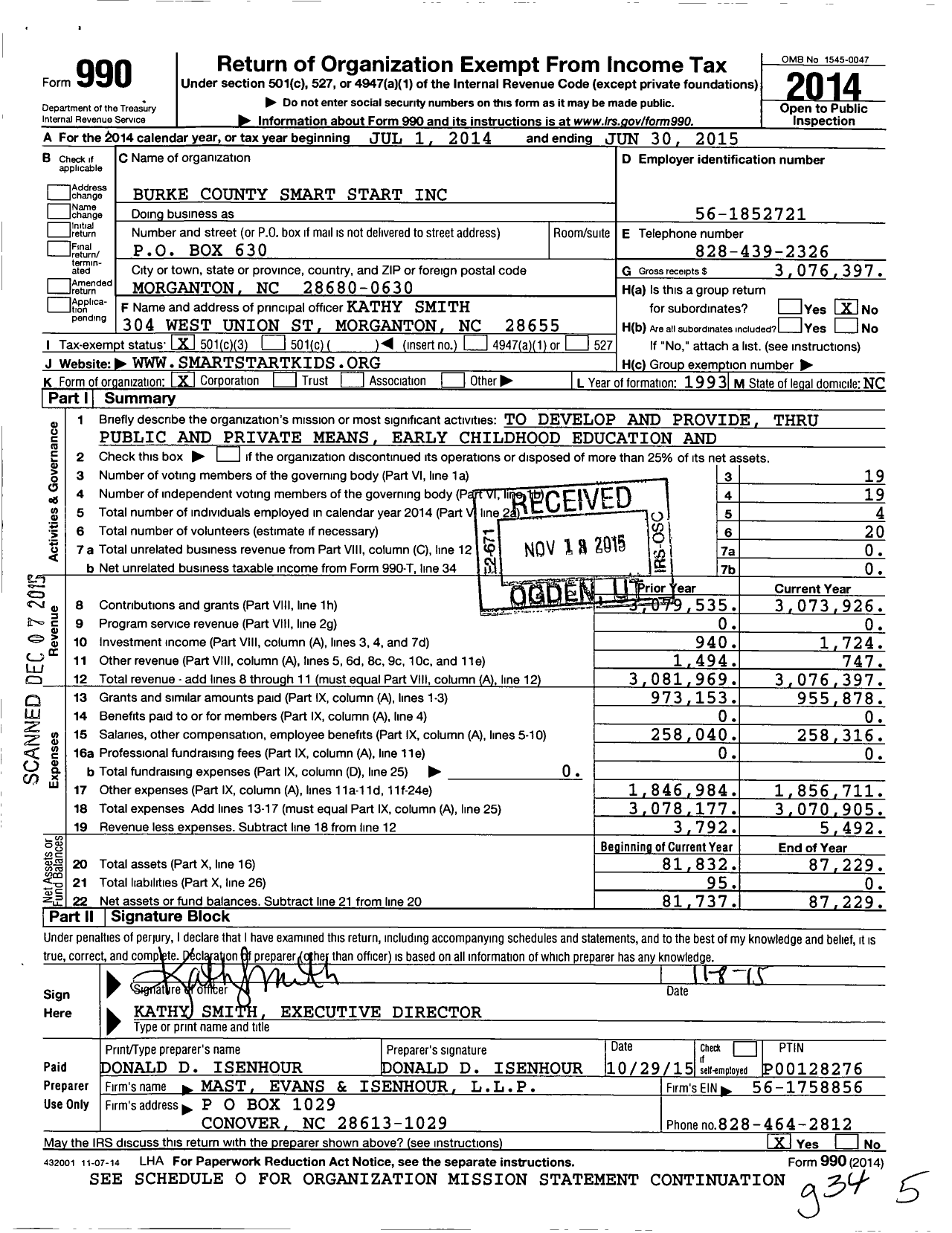 Image of first page of 2014 Form 990 for Burke County Smart Start