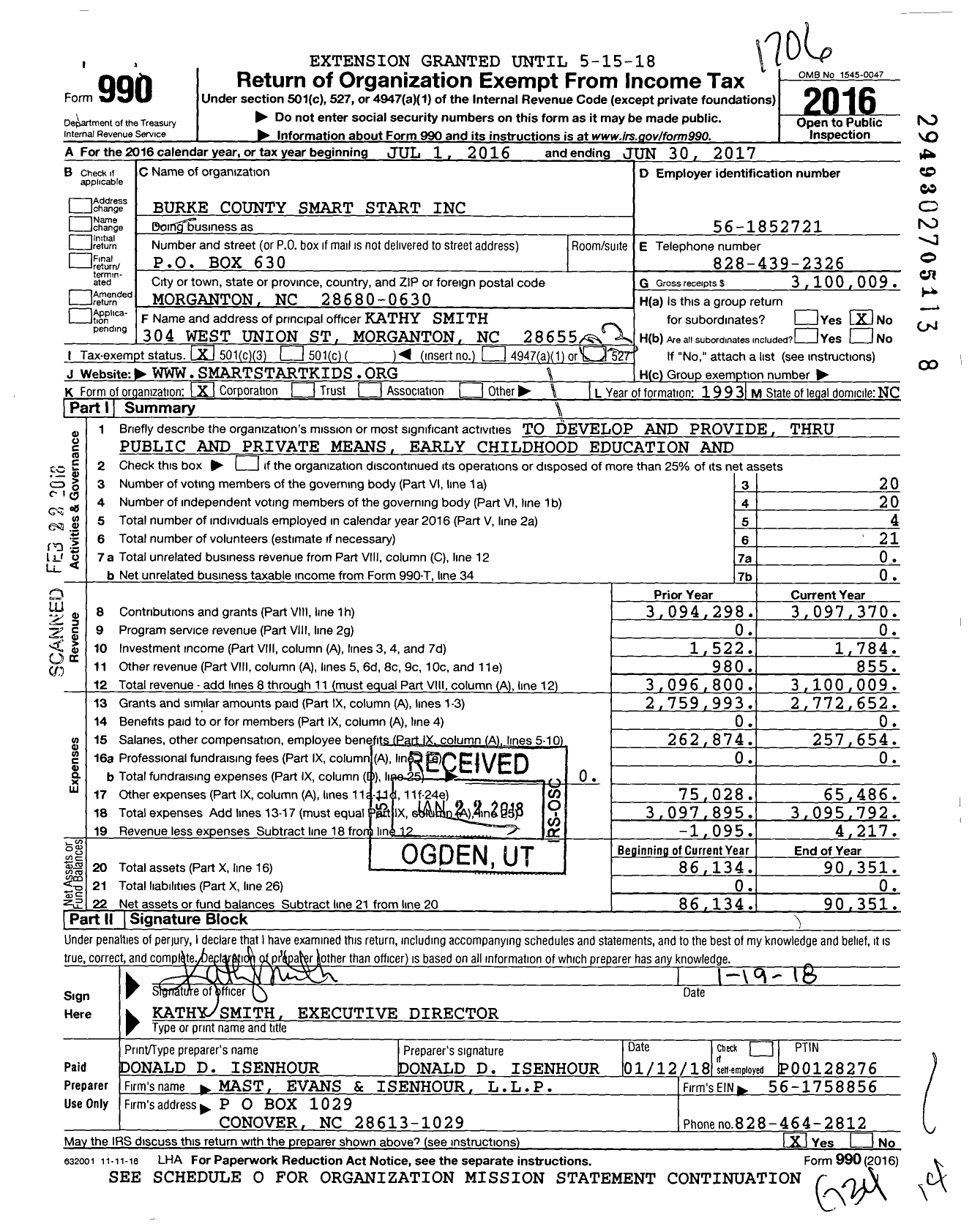 Image of first page of 2016 Form 990 for Burke County Smart Start