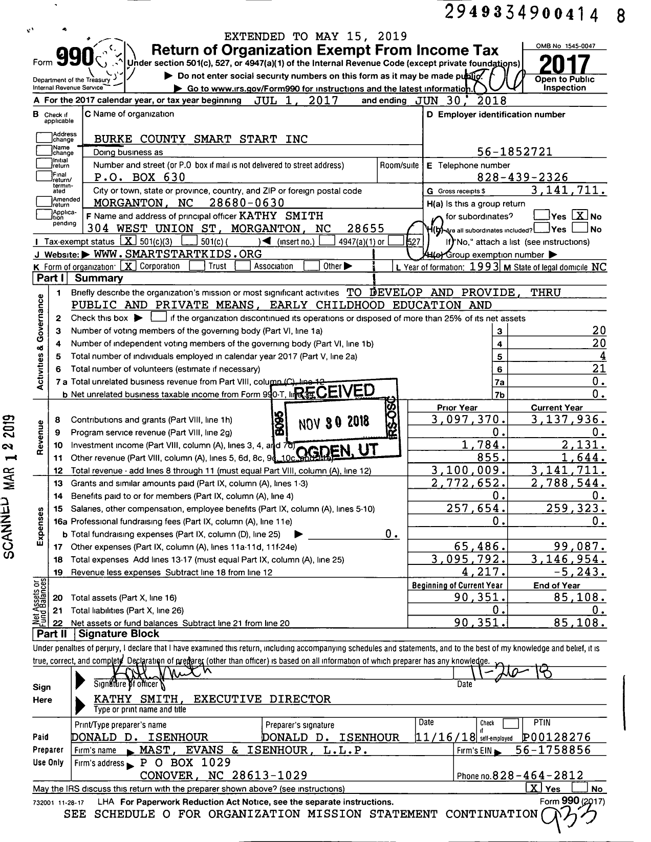 Image of first page of 2017 Form 990 for Burke County Smart Start