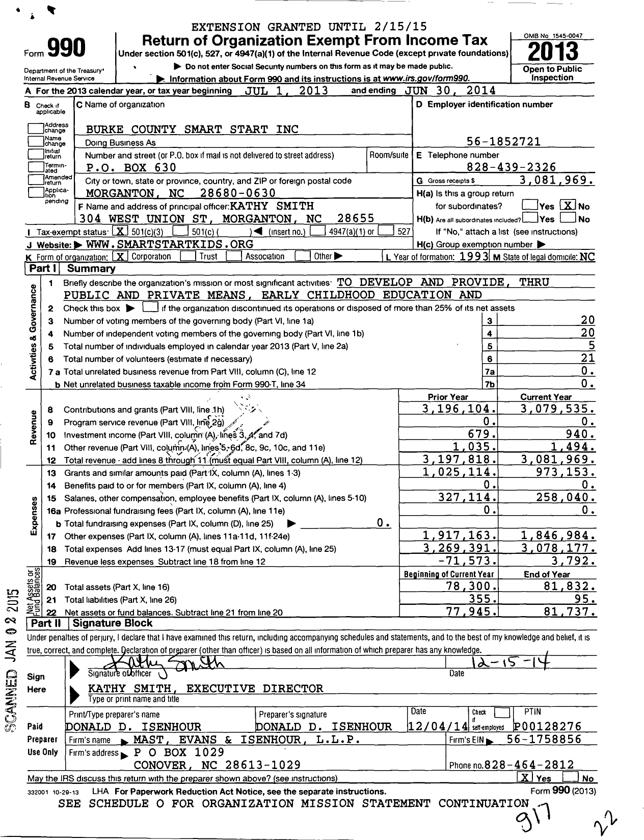 Image of first page of 2013 Form 990 for Burke County Smart Start
