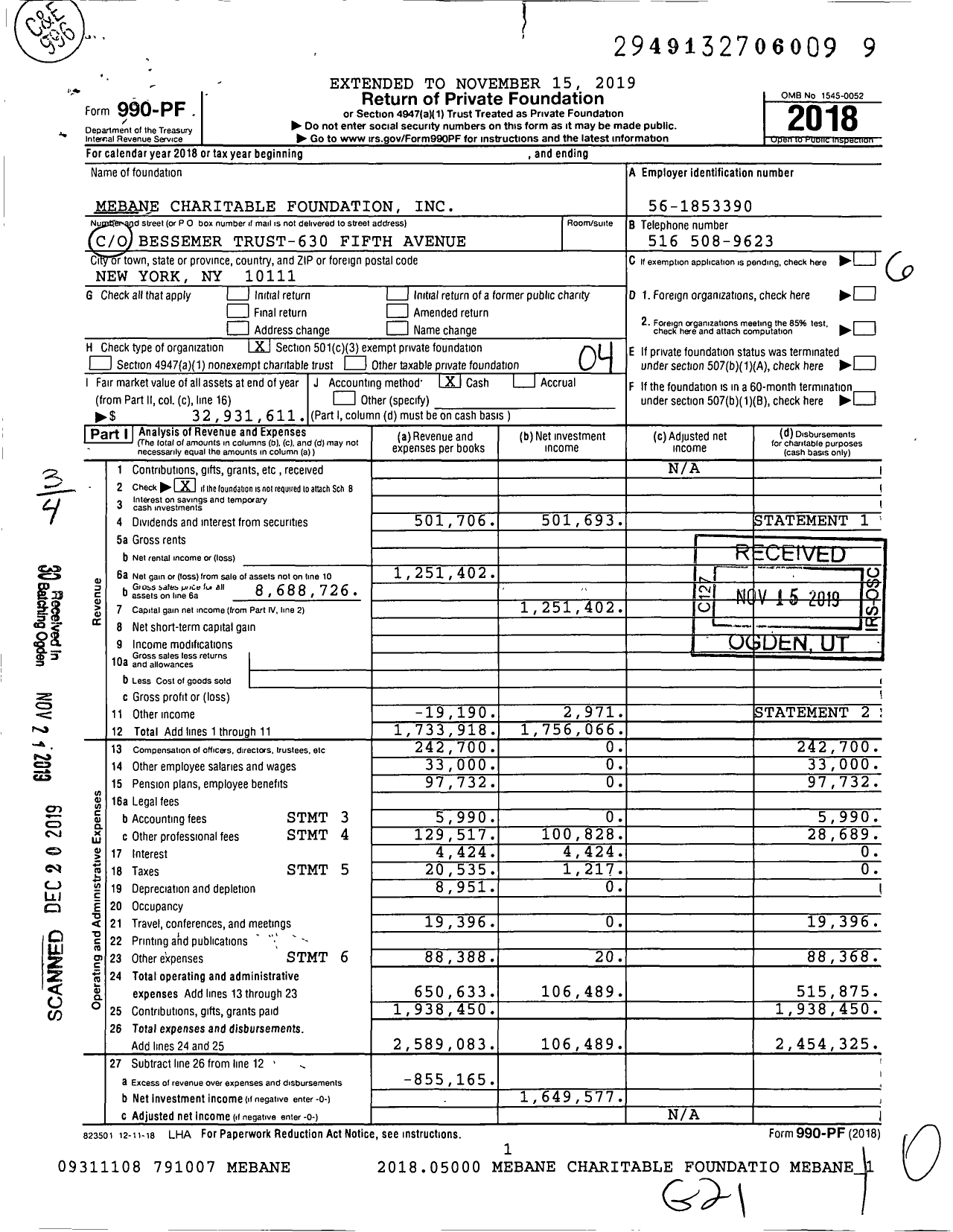 Image of first page of 2018 Form 990PF for Mebane Charitable Foundation