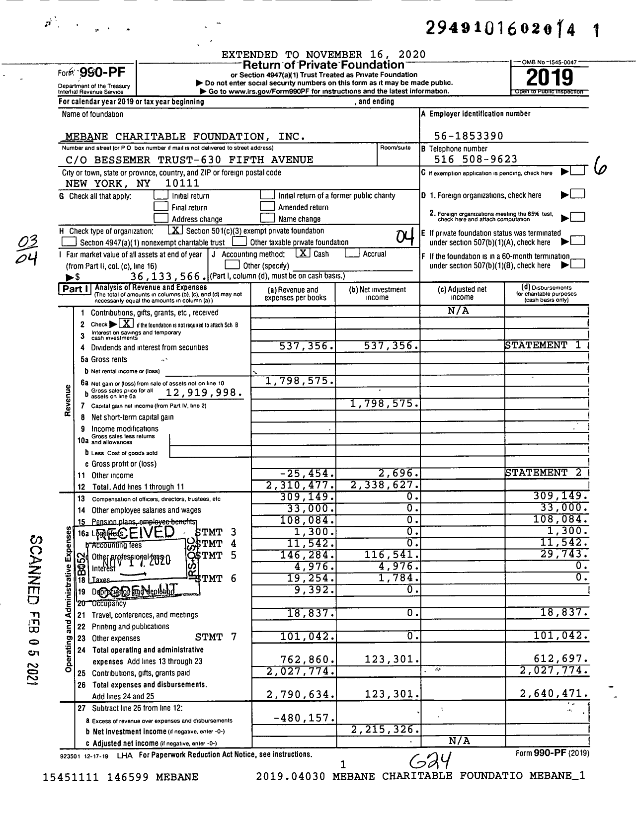 Image of first page of 2019 Form 990PF for Mebane Charitable Foundation