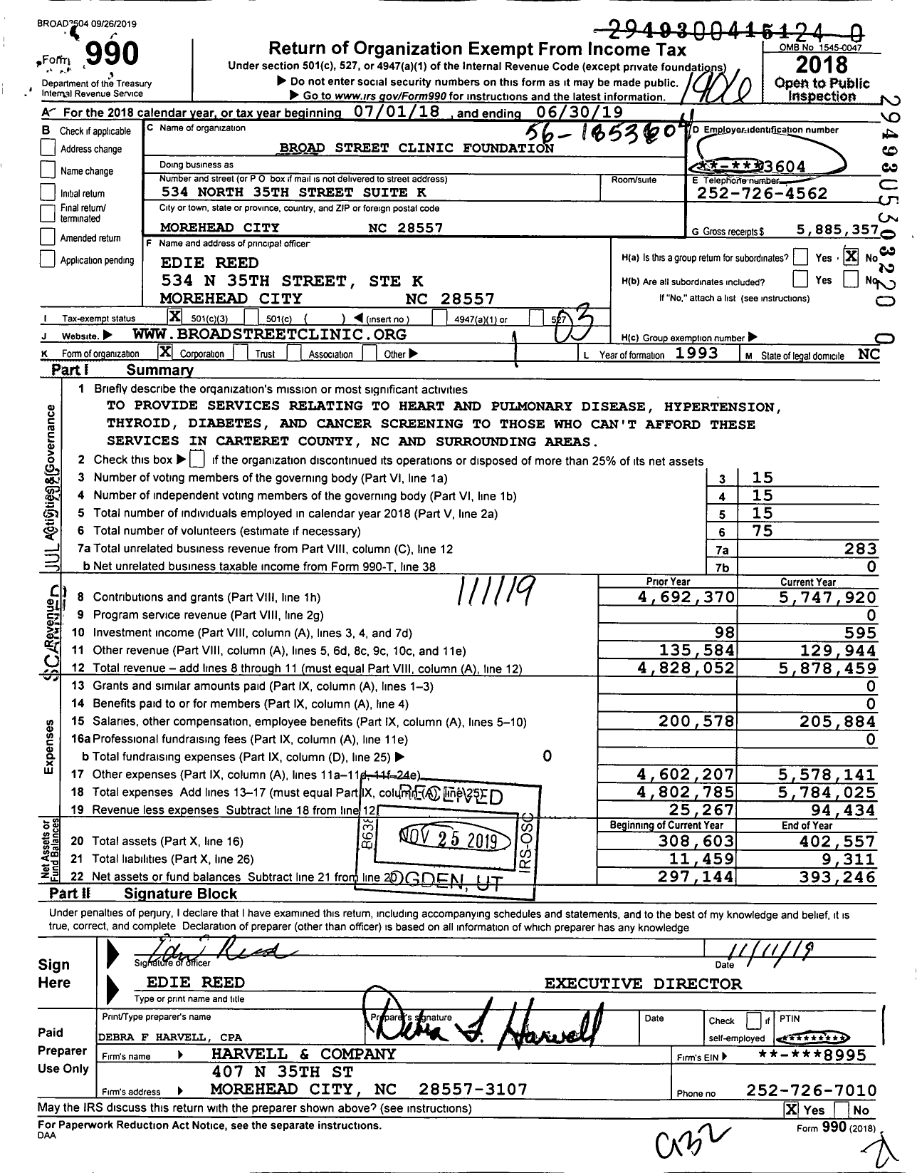 Image of first page of 2018 Form 990 for Broad Street Clinic Foundation