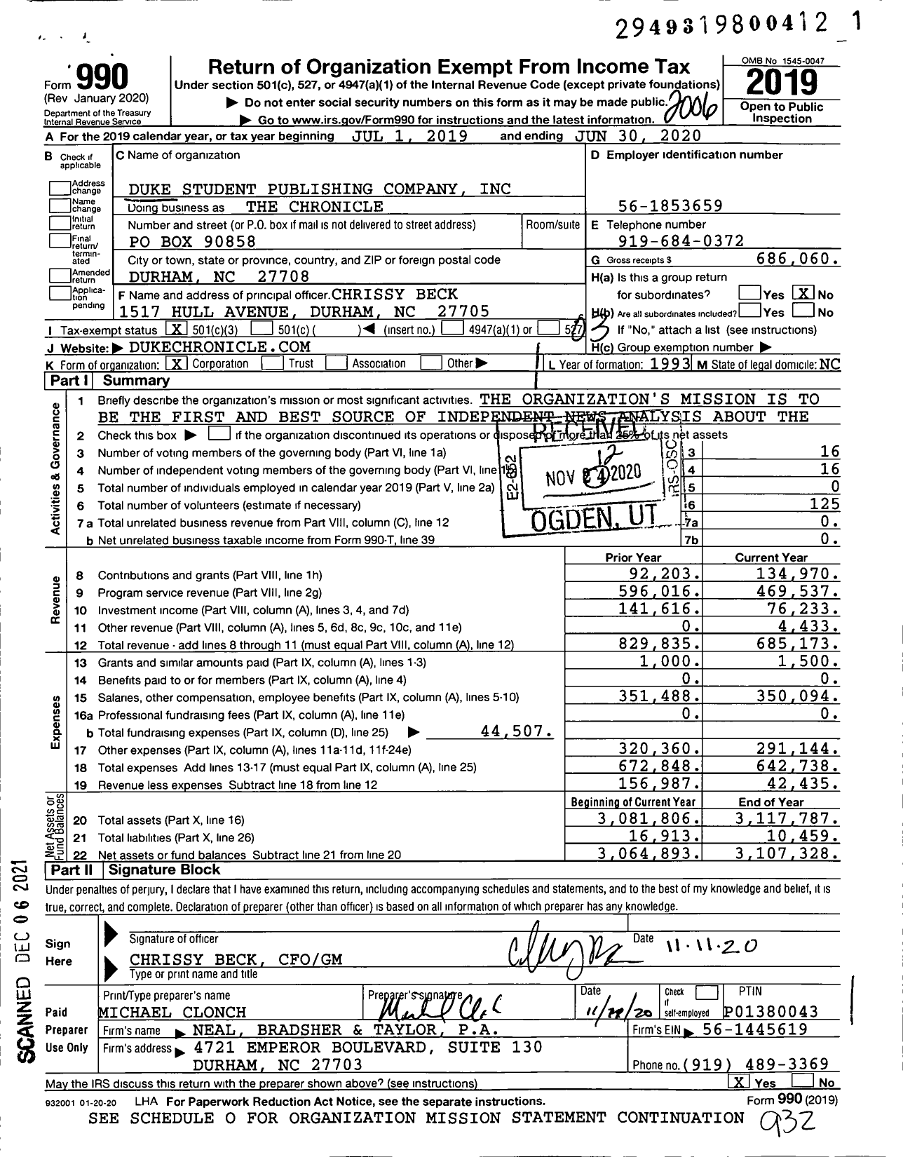 Image of first page of 2019 Form 990 for The Chronicle