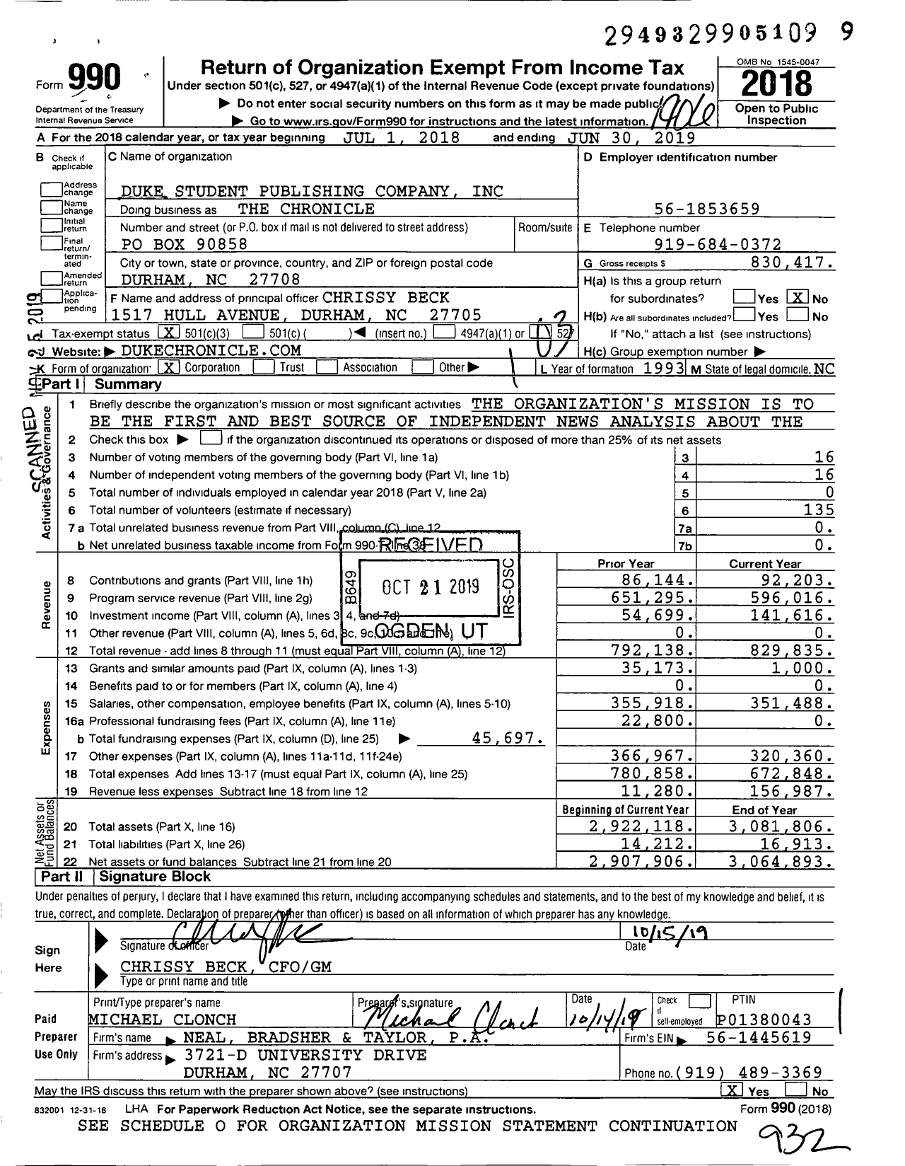 Image of first page of 2018 Form 990 for The Chronicle