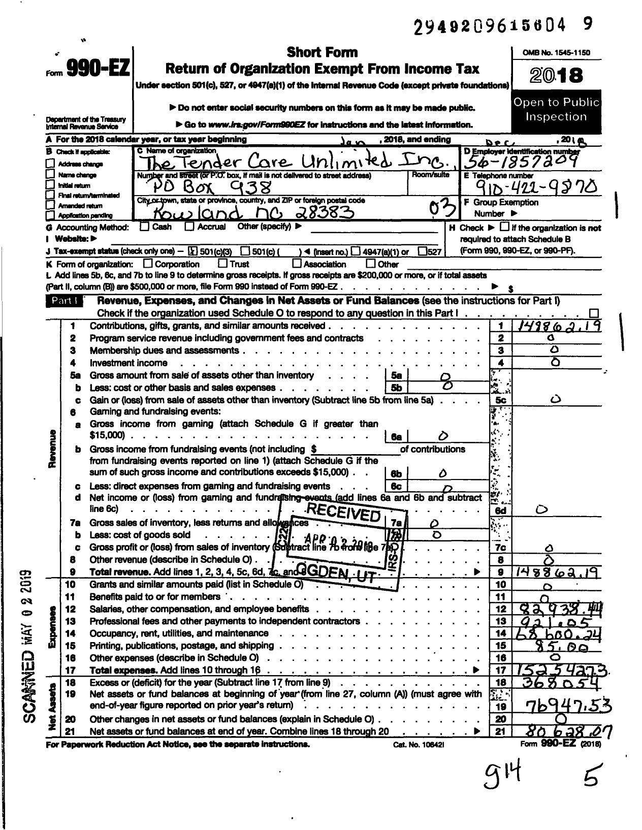 Image of first page of 2018 Form 990EZ for Tender Care Unlimited