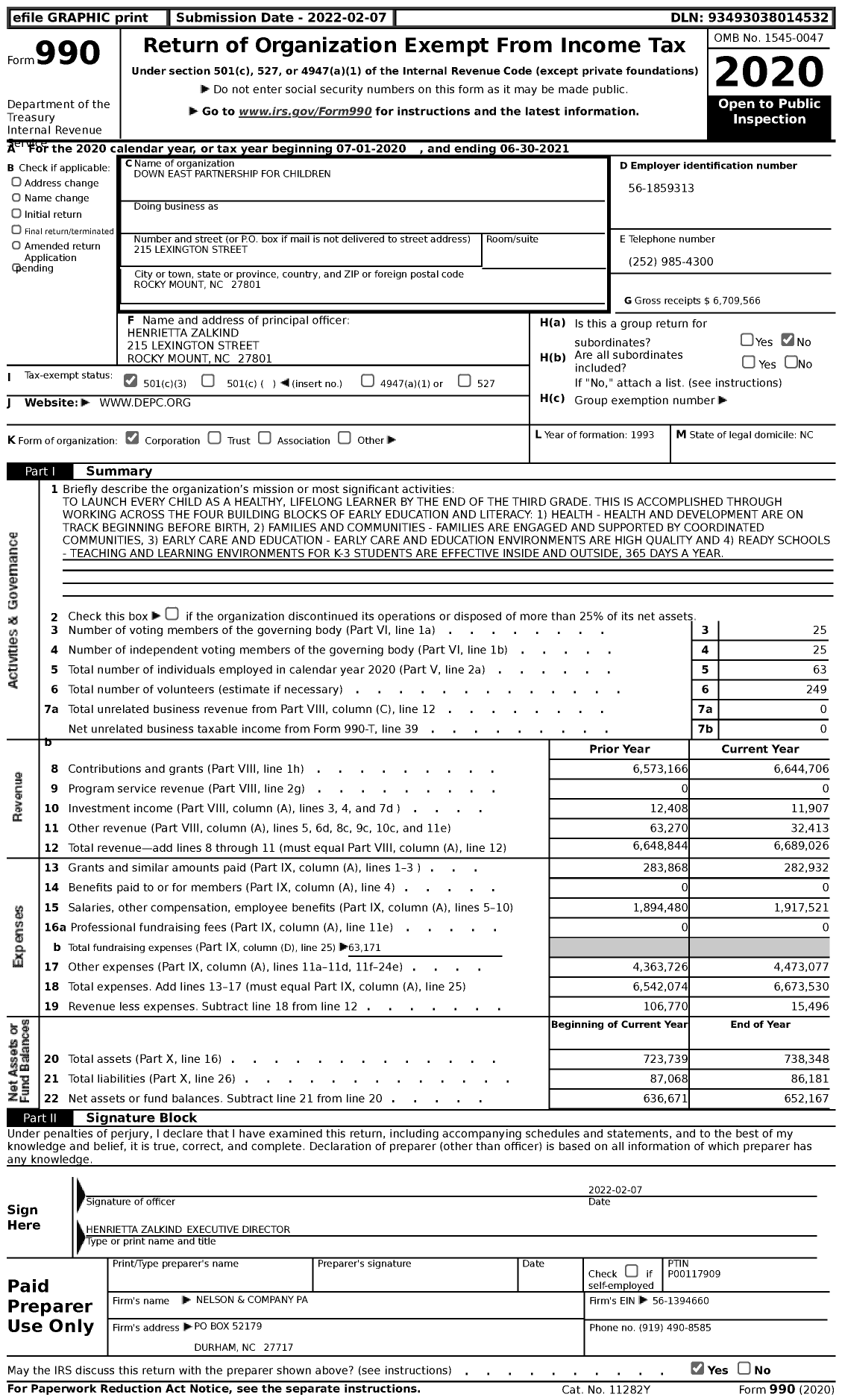 Image of first page of 2020 Form 990 for Down East Partnership for Children (DEPC)