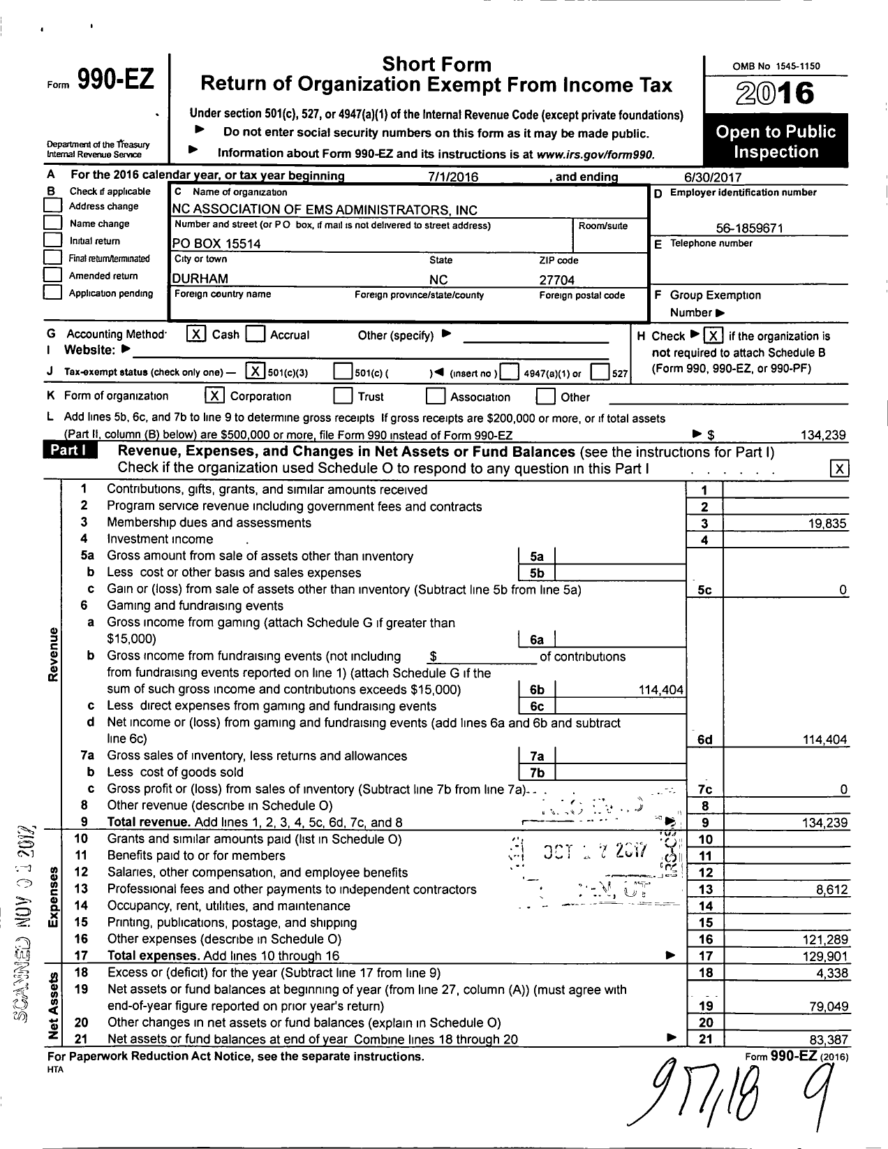 Image of first page of 2016 Form 990EZ for North Carolina Emergency Medical Service Administrators Association