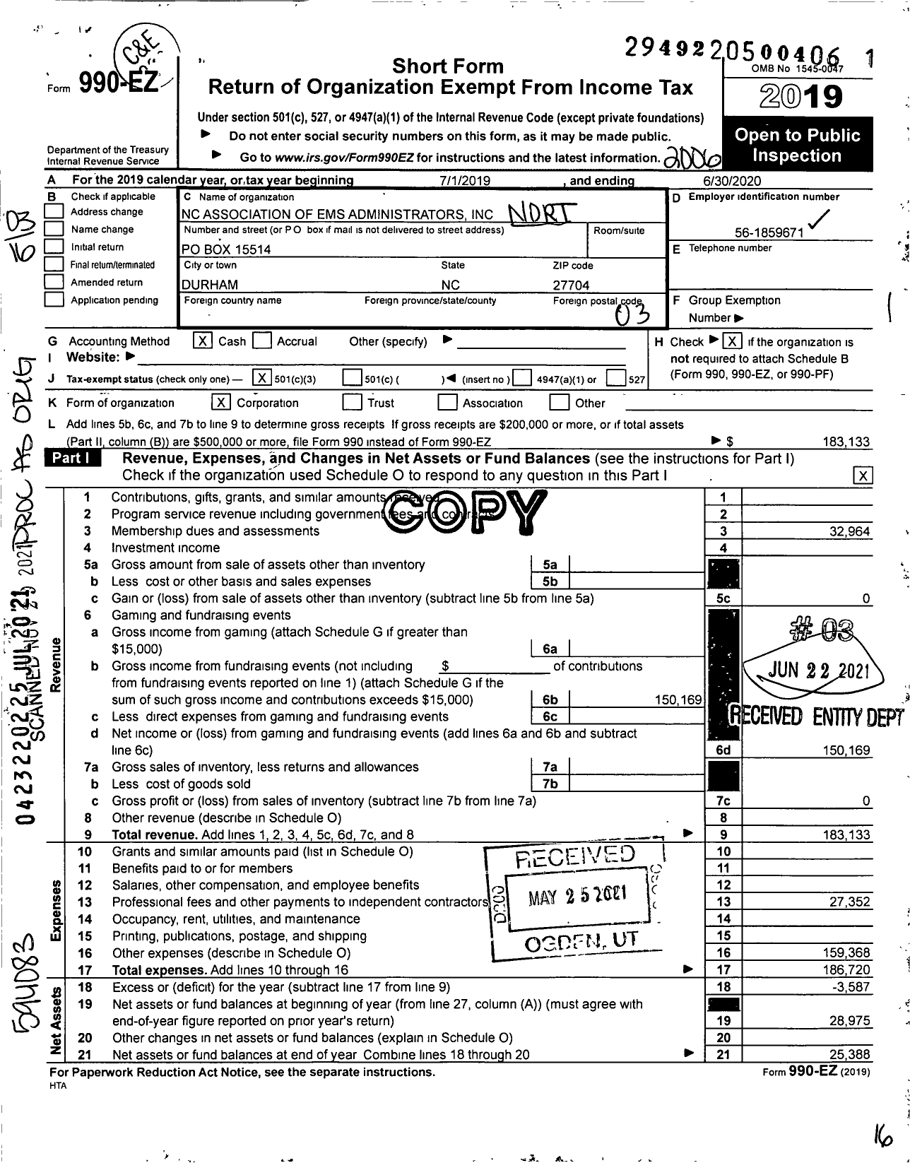 Image of first page of 2019 Form 990EZ for North Carolina Emergency Medical Service Administrators Association