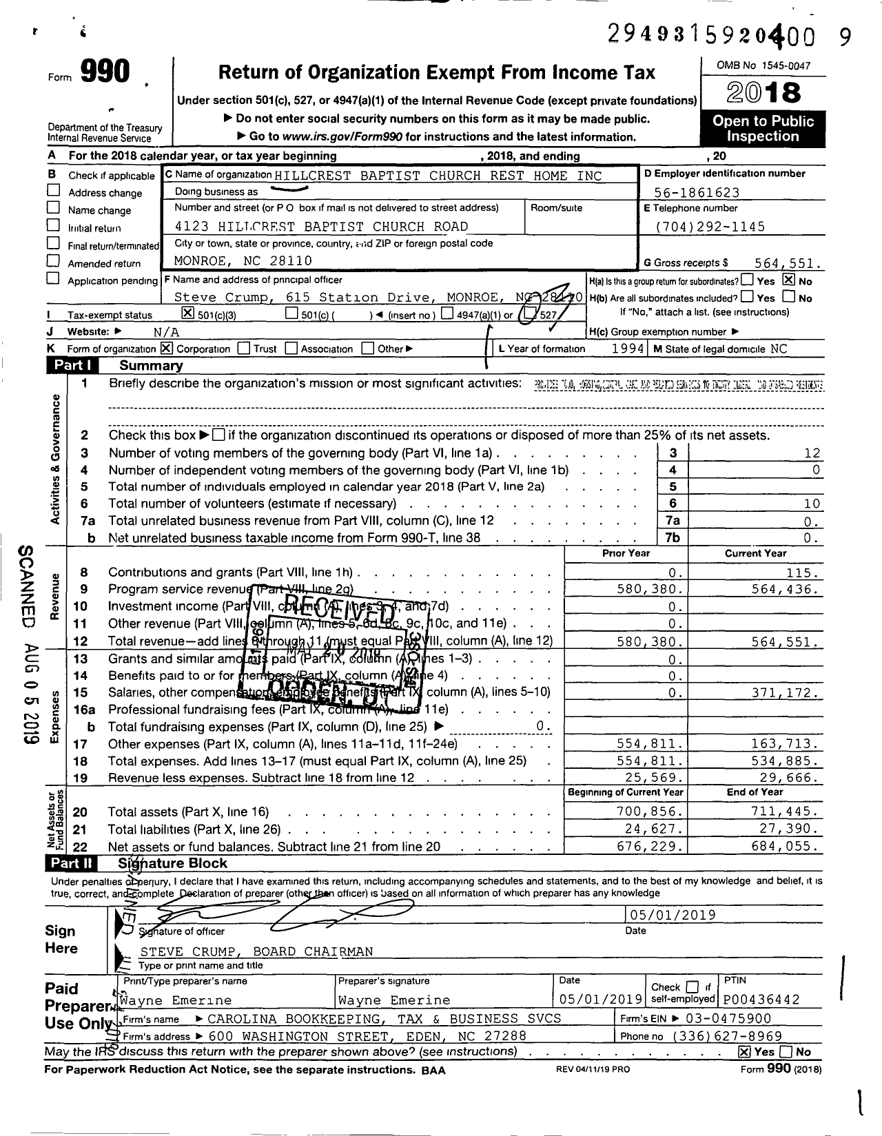Image of first page of 2018 Form 990 for Hillcrest Baptist Church Rest Home