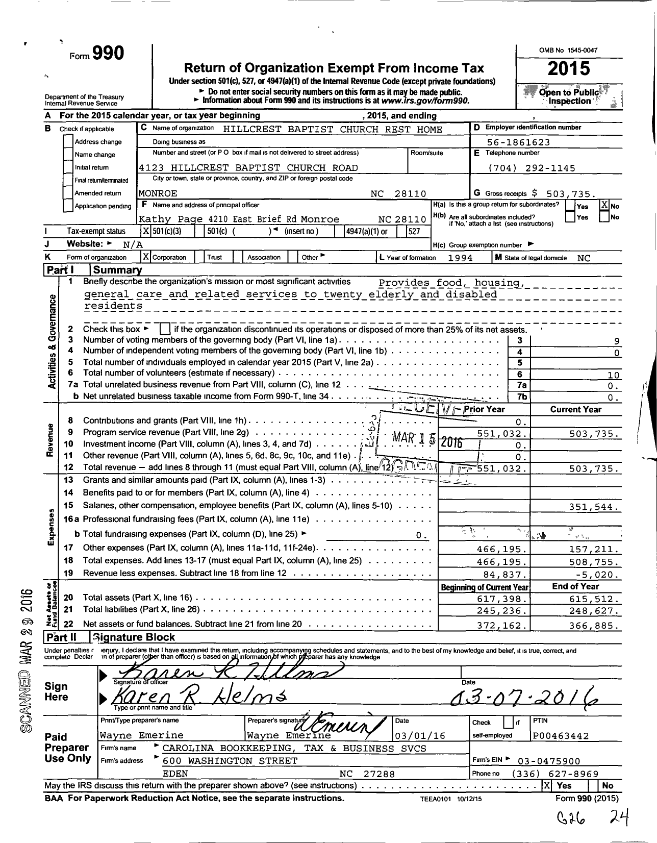 Image of first page of 2015 Form 990 for Hillcrest Baptist Church Rest Home
